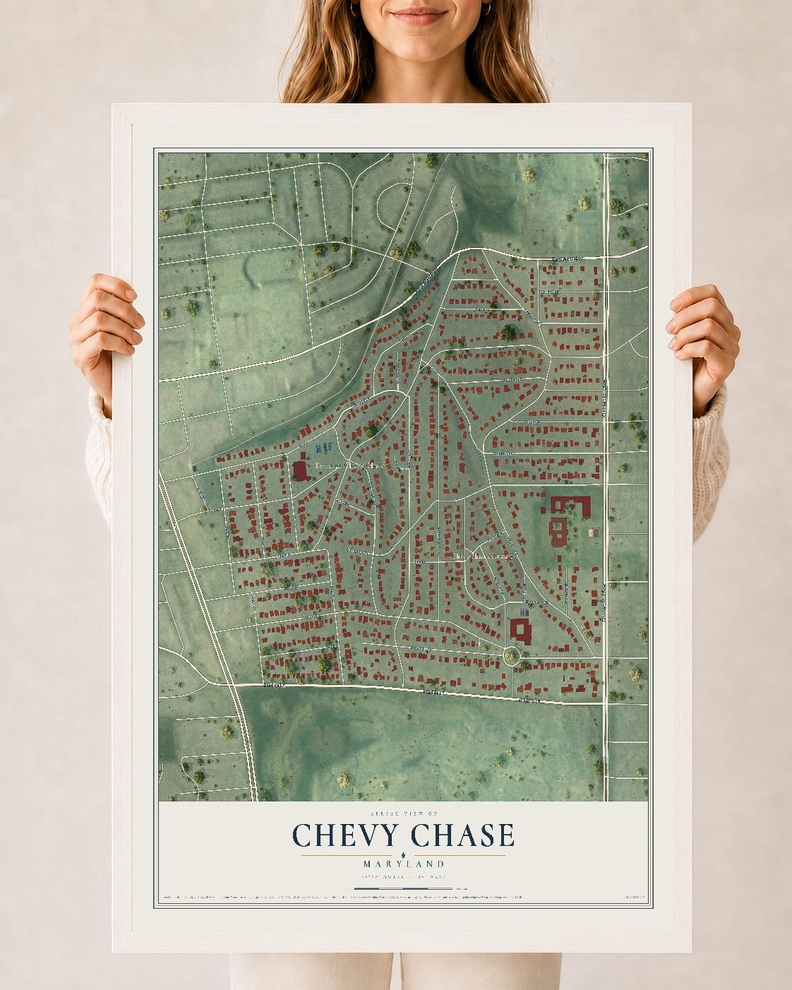 Map of Chevy Chase, Maryland, 24 x 36 inch print in a white wood frame