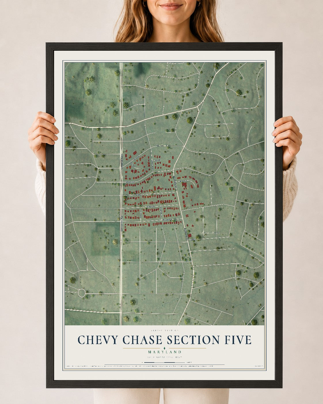 Map of Chevy Chase Section Five, Maryland, 24 x 36 inch print in a black wood frame