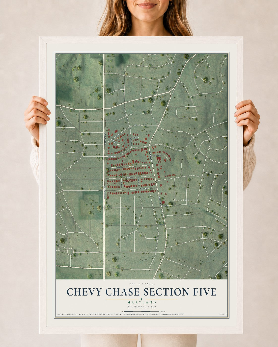 Map of Chevy Chase Section Five, Maryland, 24 x 36 inch print in a white wood frame
