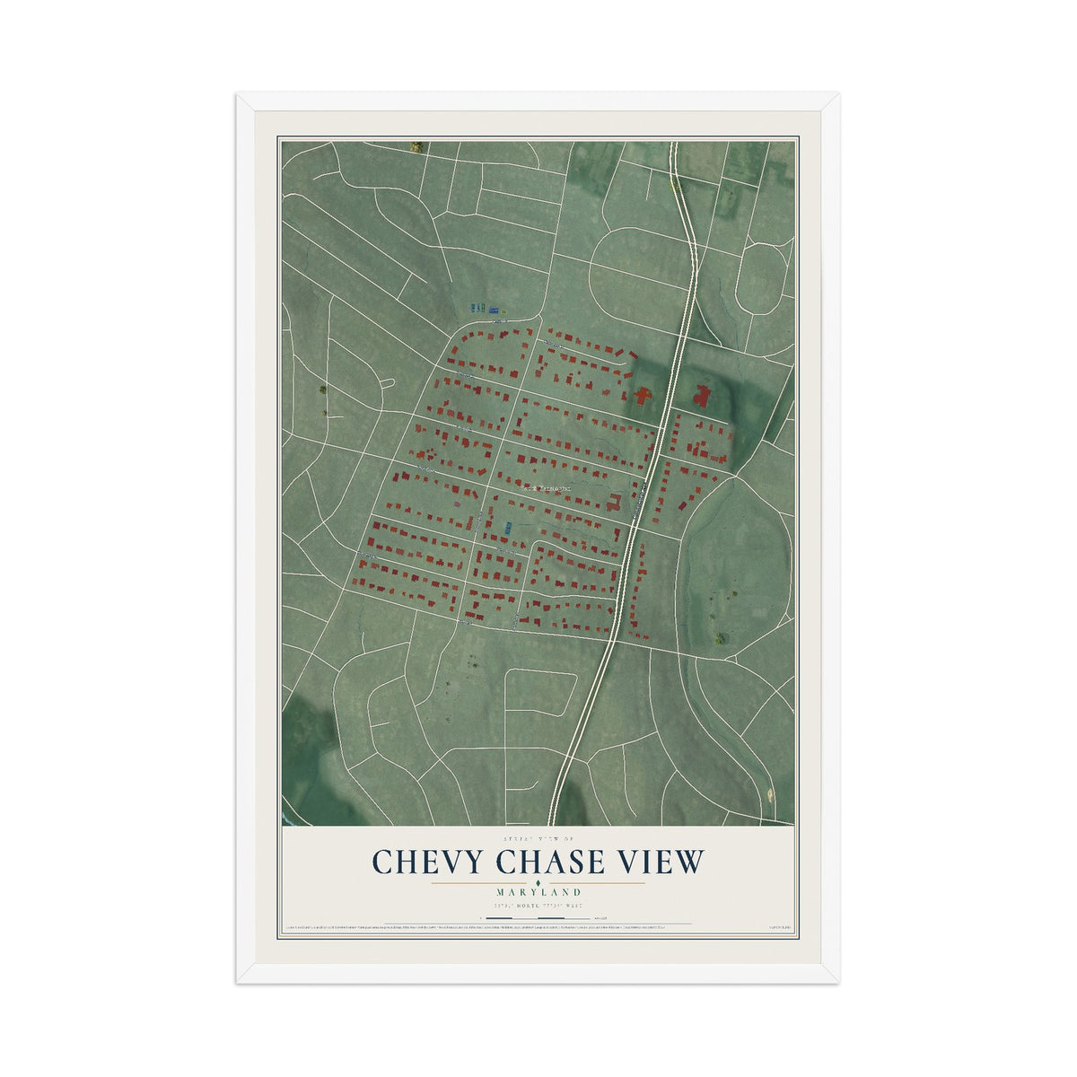 Map of Chevy Chase View, Maryland, 12 x 18 inch print in a white wood frame