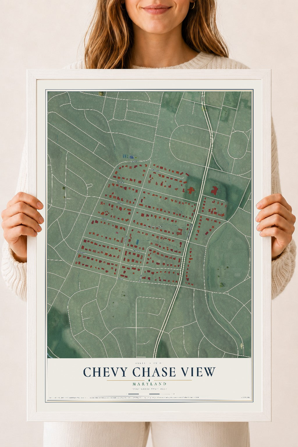 Map of Chevy Chase View, Maryland, 18 x 24 inch print in a white wood frame