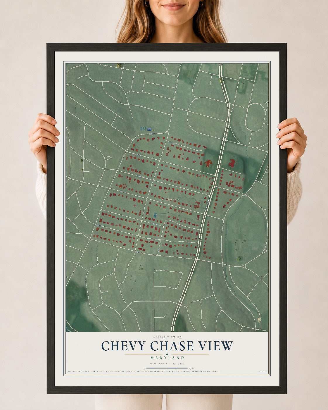 Map of Chevy Chase View, Maryland, 24 x 36 inch print in a black wood frame