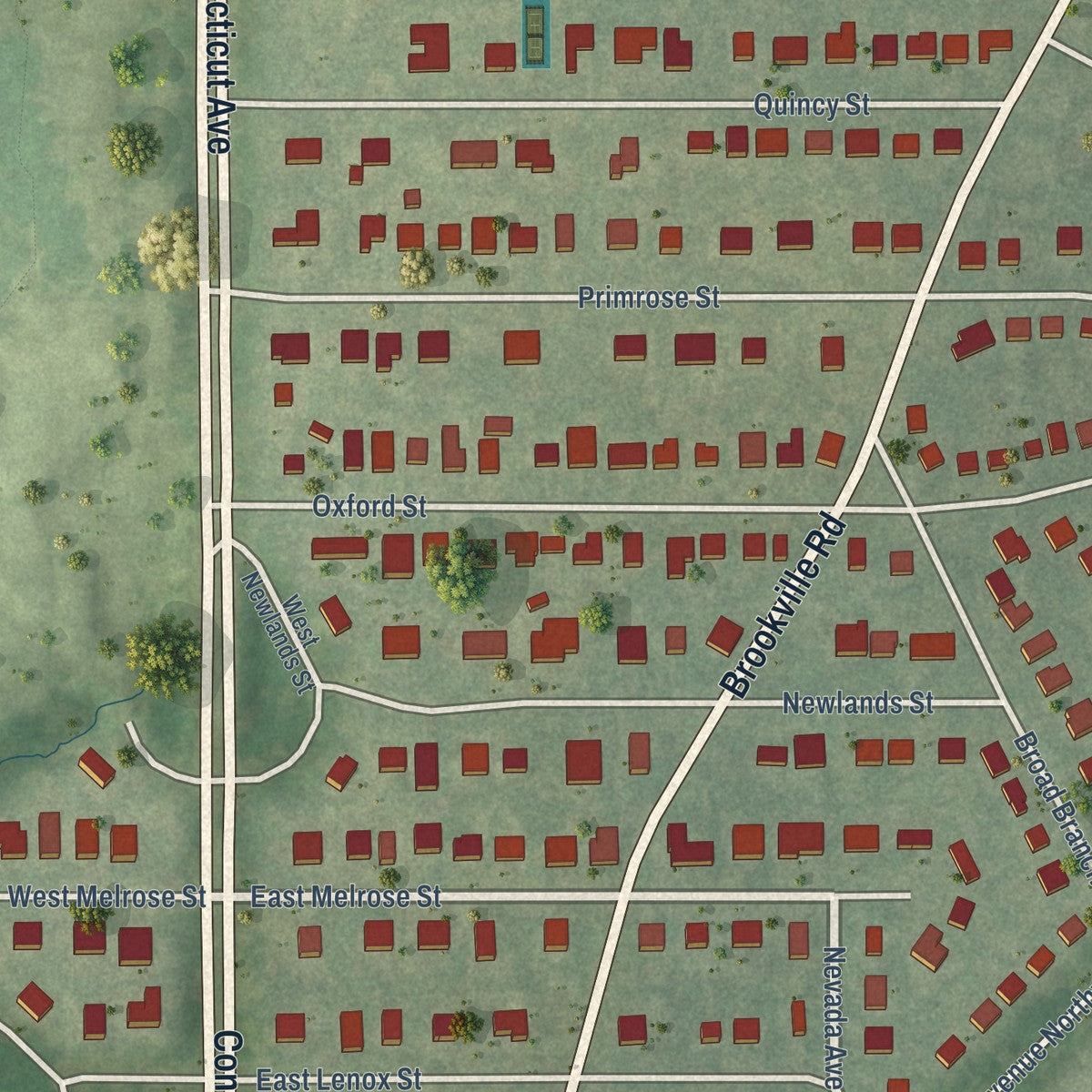 Close-up of the map of Chevy Chase Village, Maryland print showing street and building detail
