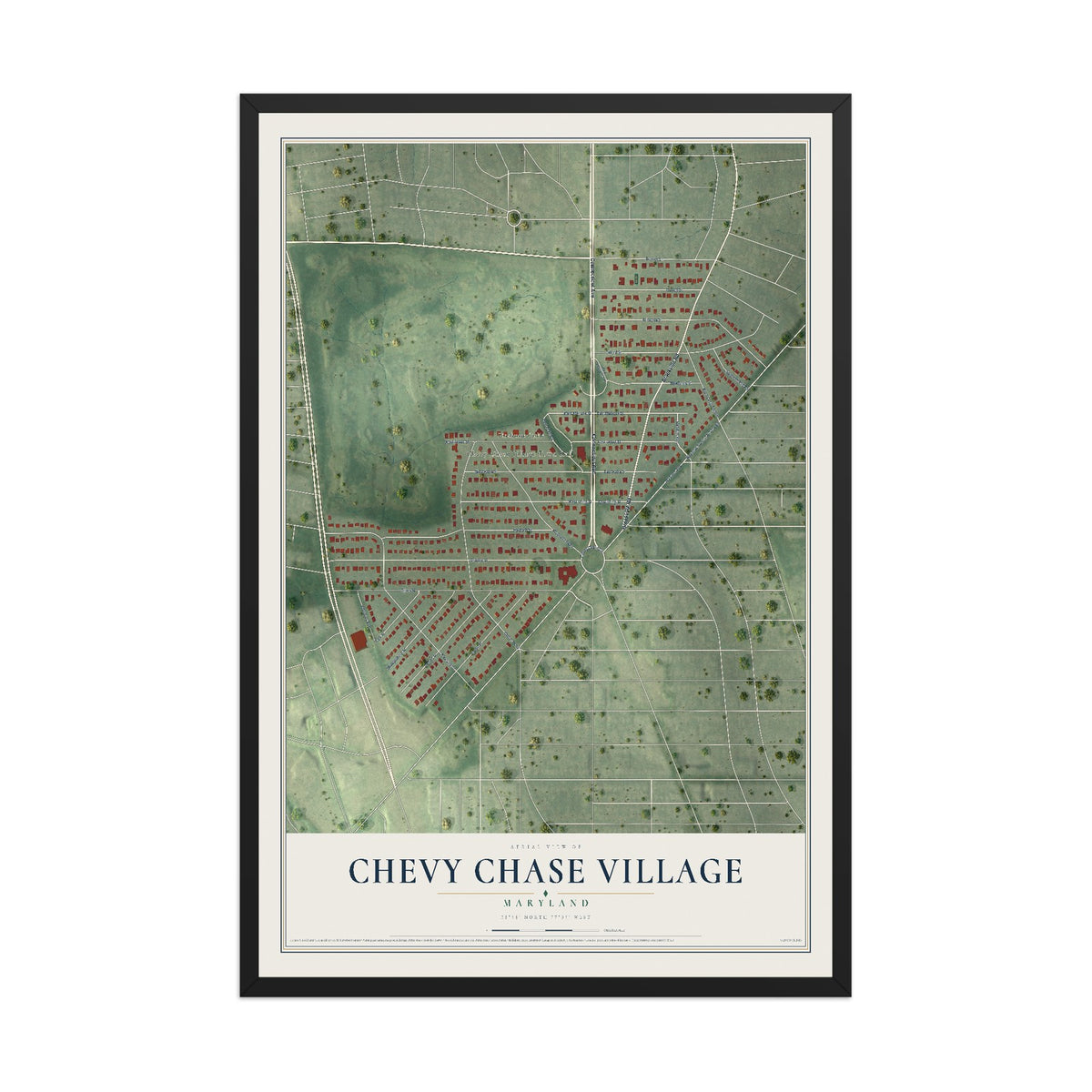 Map of Chevy Chase Village, Maryland, 12 x 18 inch print in a black wood frame