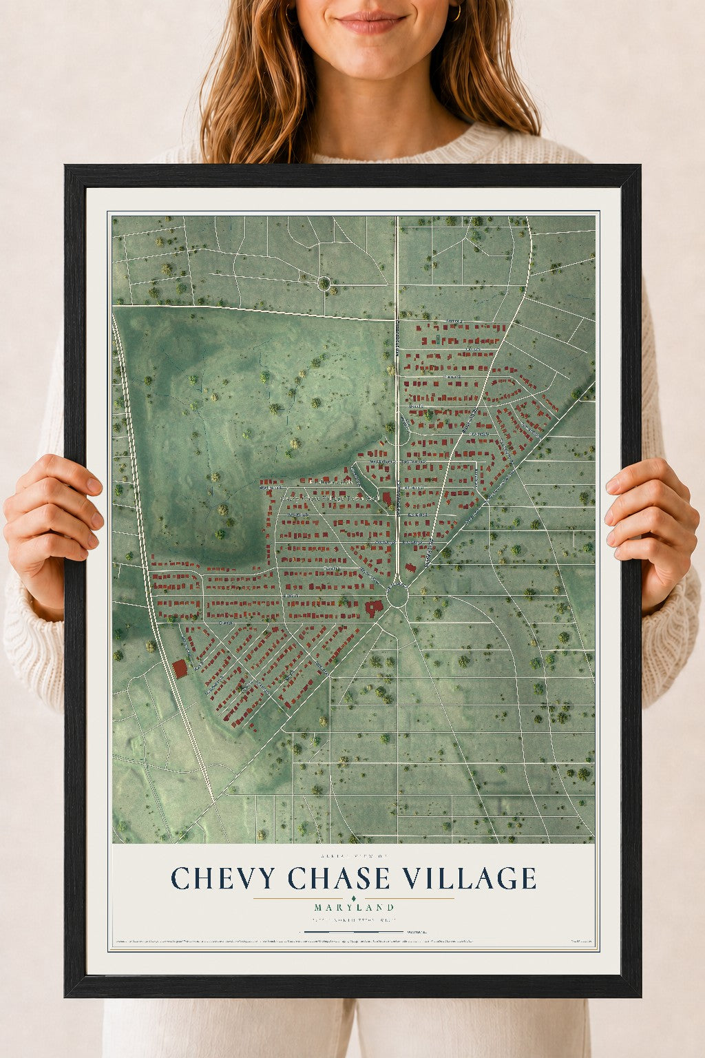 Map of Chevy Chase Village, Maryland, 18 x 24 inch print in a black wood frame