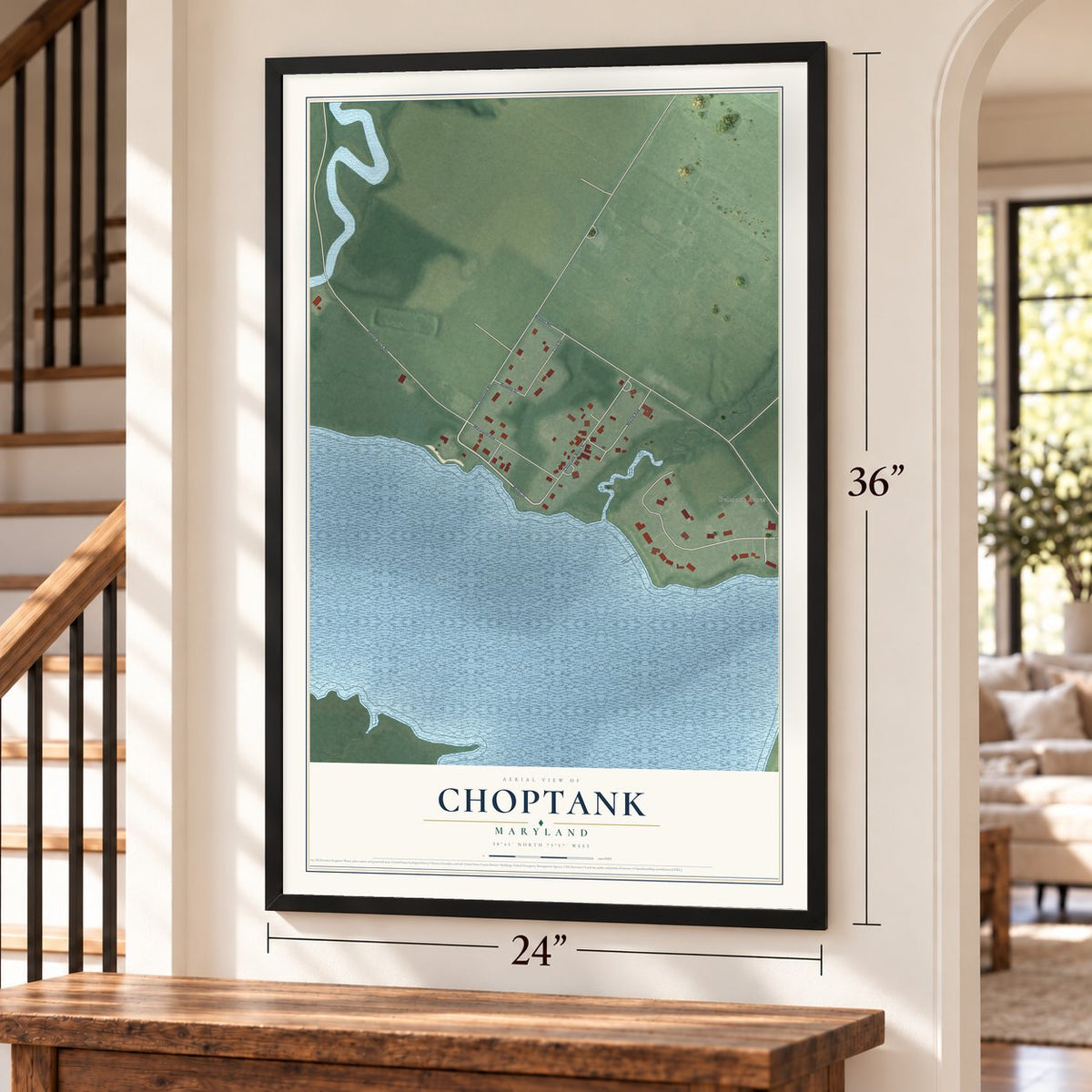 Choptank, Maryland map, 24 x 36 inch print in a black frame by a staircase