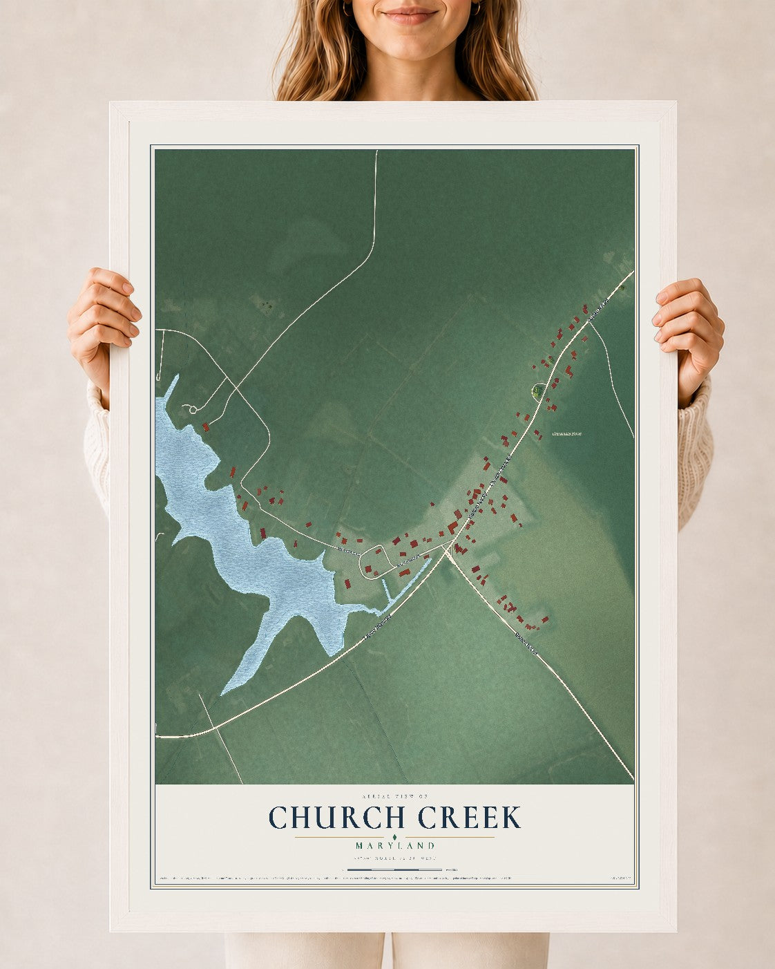 Map of Church Creek, Maryland, 24 x 36 inch print in a white wood frame