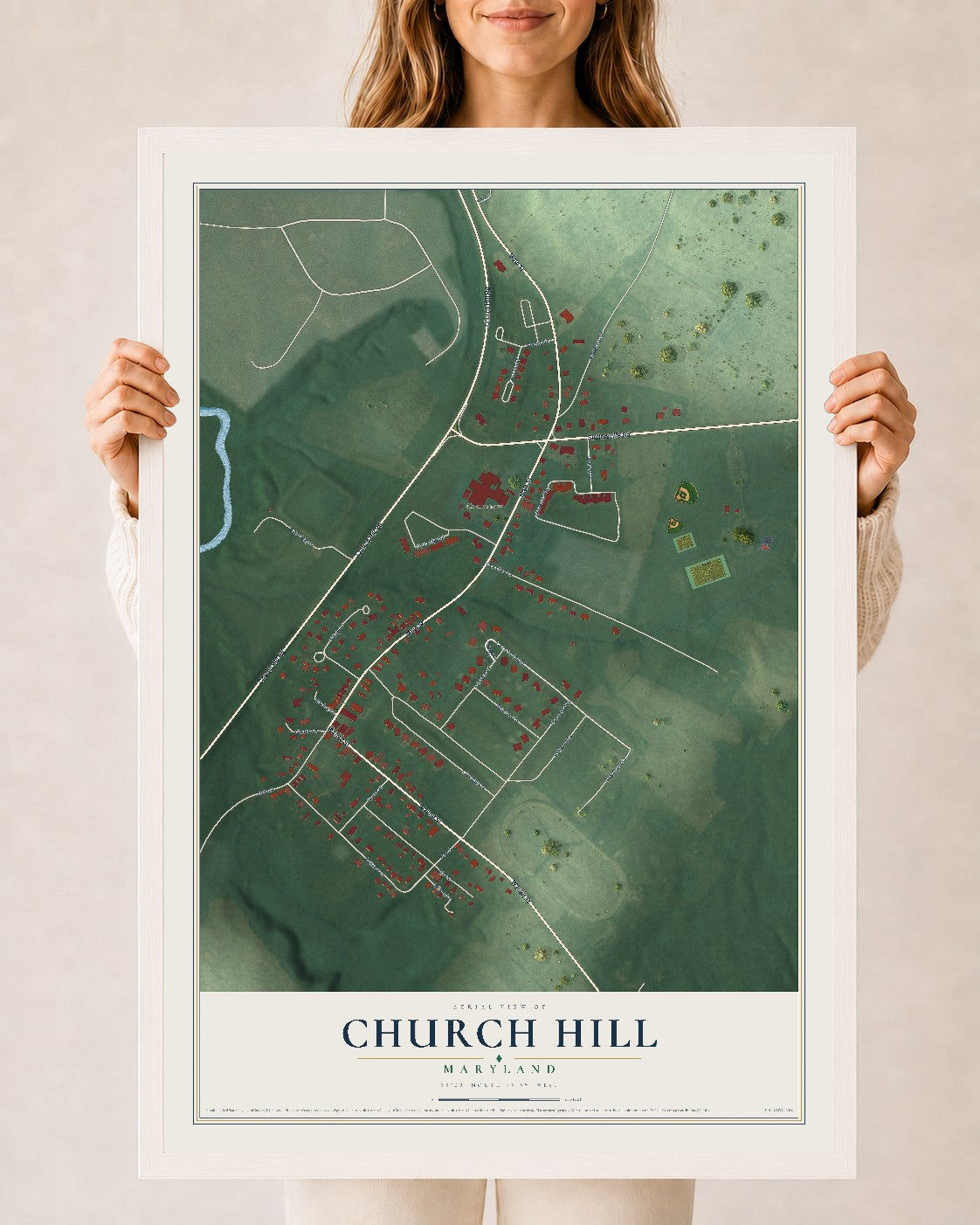 Map of Church Hill, Maryland, 24 x 36 inch print in a white wood frame