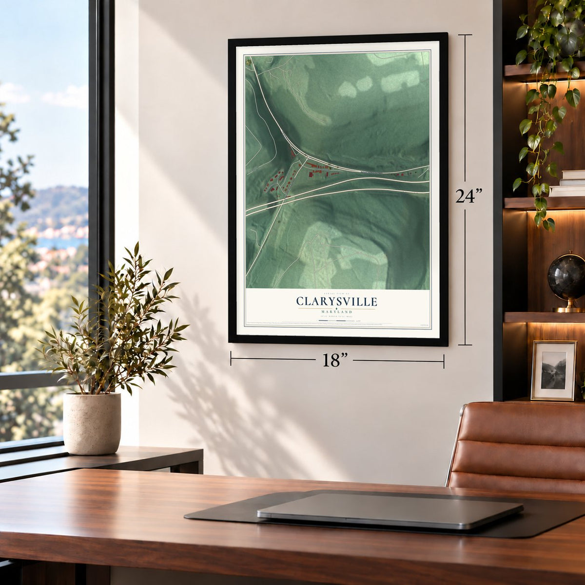 Clarysville, Maryland map, 18 x 24 inch print in a black frame in a home office