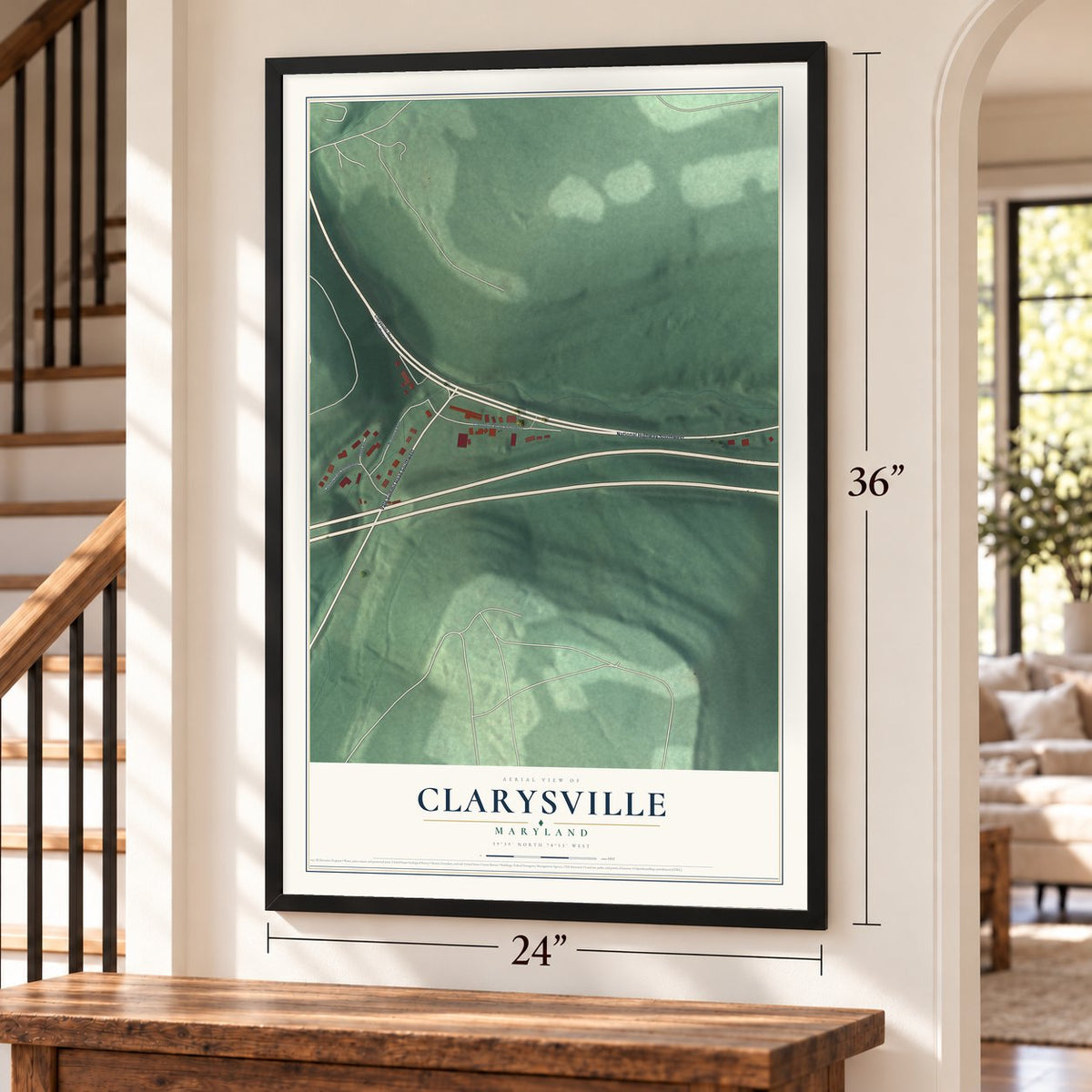 Clarysville, Maryland map, 24 x 36 inch print in a black frame by a staircase