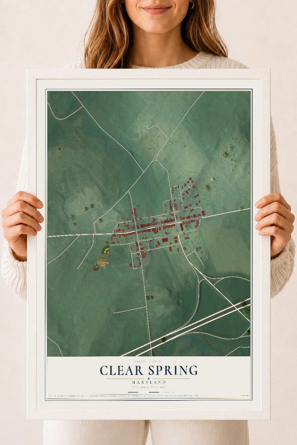 Map of Clear Spring, Maryland, 18 x 24 inch print in a white wood frame