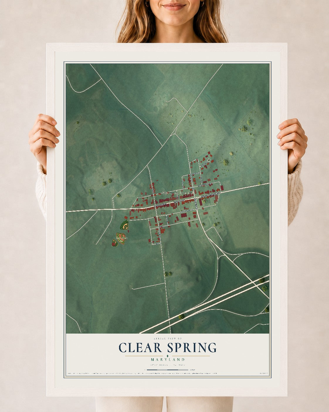 Map of Clear Spring, Maryland, 24 x 36 inch print in a white wood frame