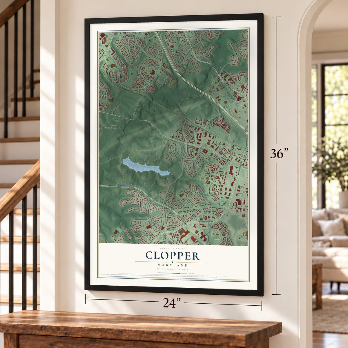 Clopper, Maryland map, 24 x 36 inch print in a black frame by a staircase