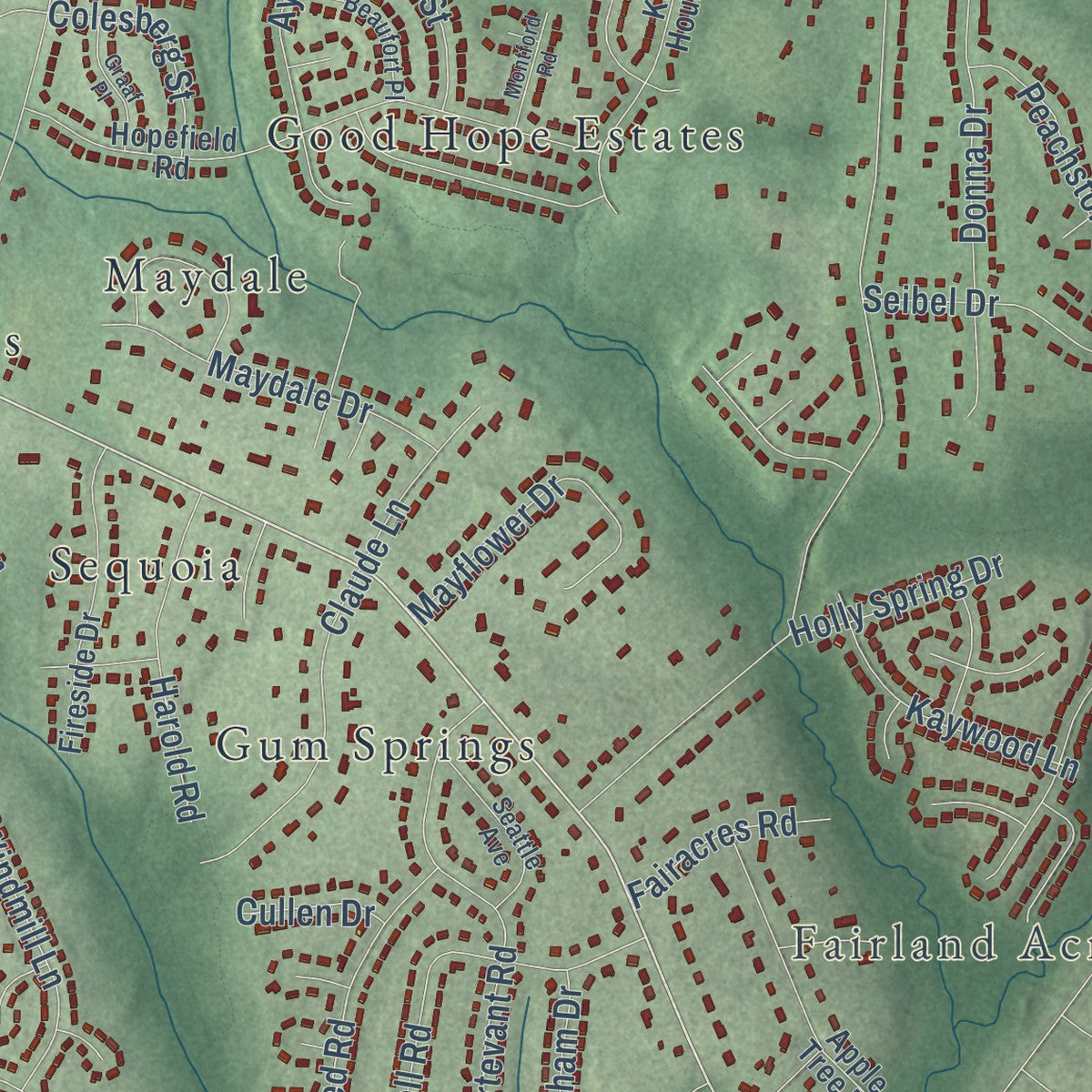 Second close-up of the map of Cloverly, Maryland print showing more streets and buildings