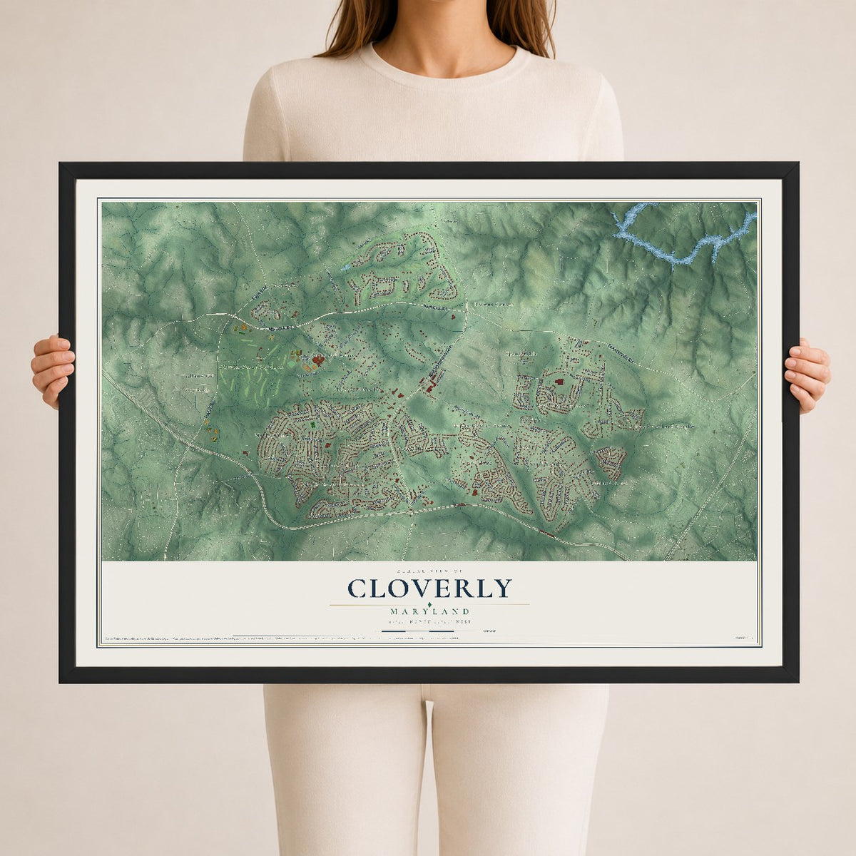 Map of Cloverly, Maryland, 24 x 36 inch print in a black wood frame