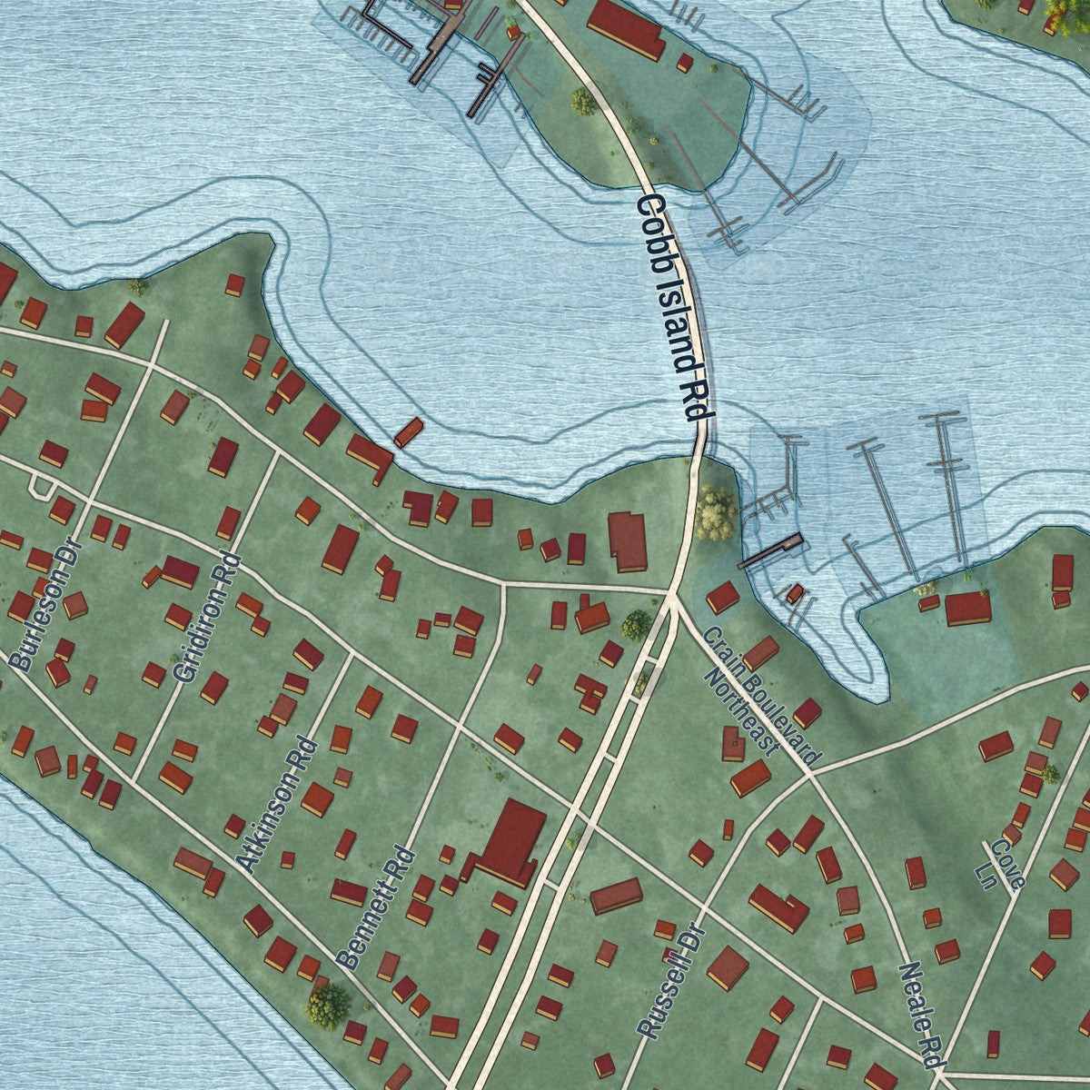 Close-up of the map of Cobb Island, Maryland print showing street and building detail