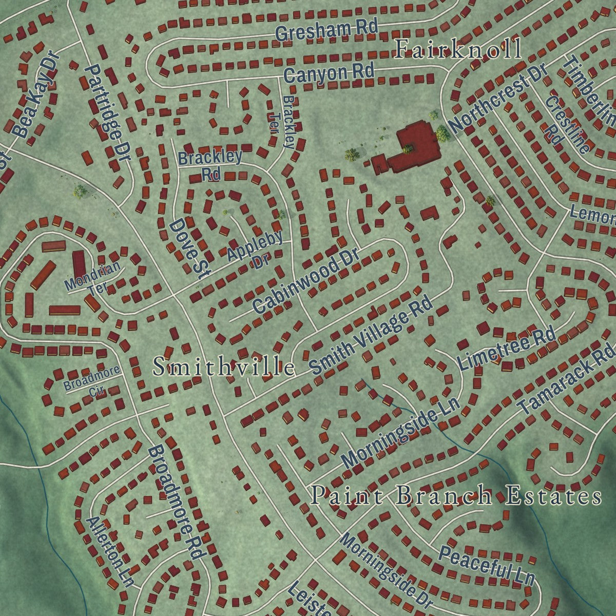 Close-up of the map of Colesville, Maryland print showing street and building detail