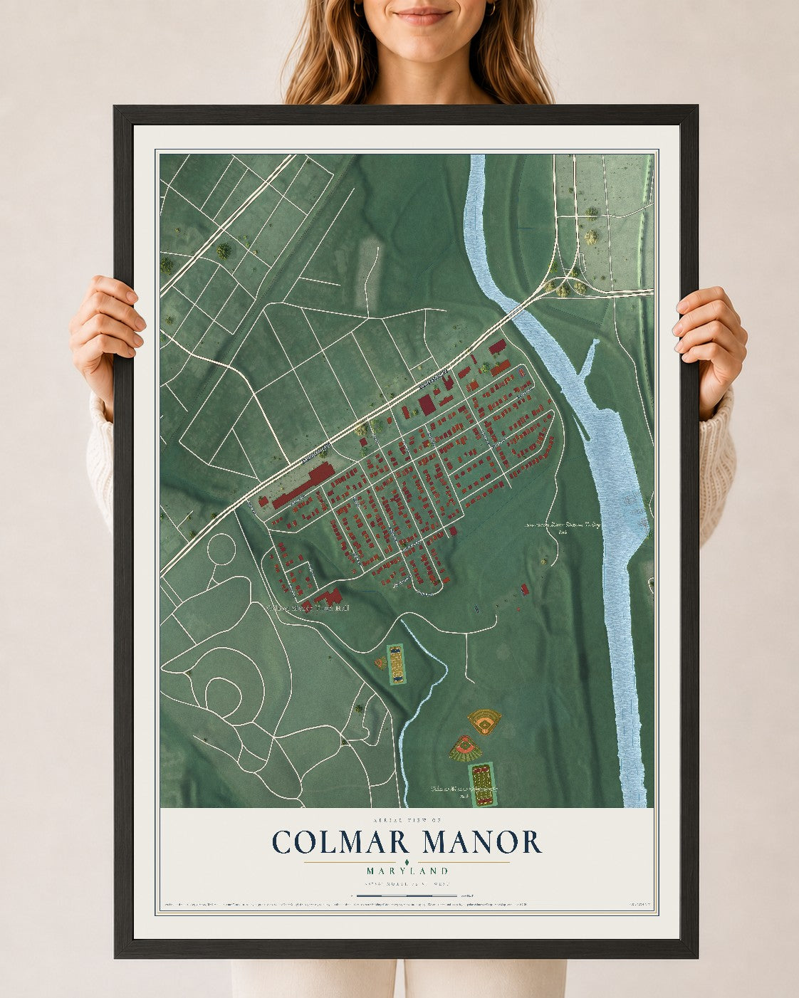 Map of Colmar Manor, Maryland, 24 x 36 inch print in a black wood frame