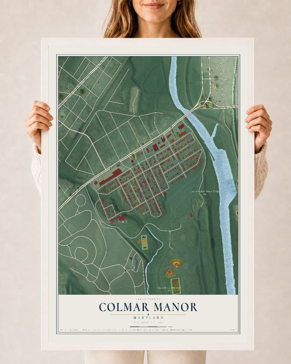 Map of Colmar Manor, Maryland, 24 x 36 inch print in a white wood frame