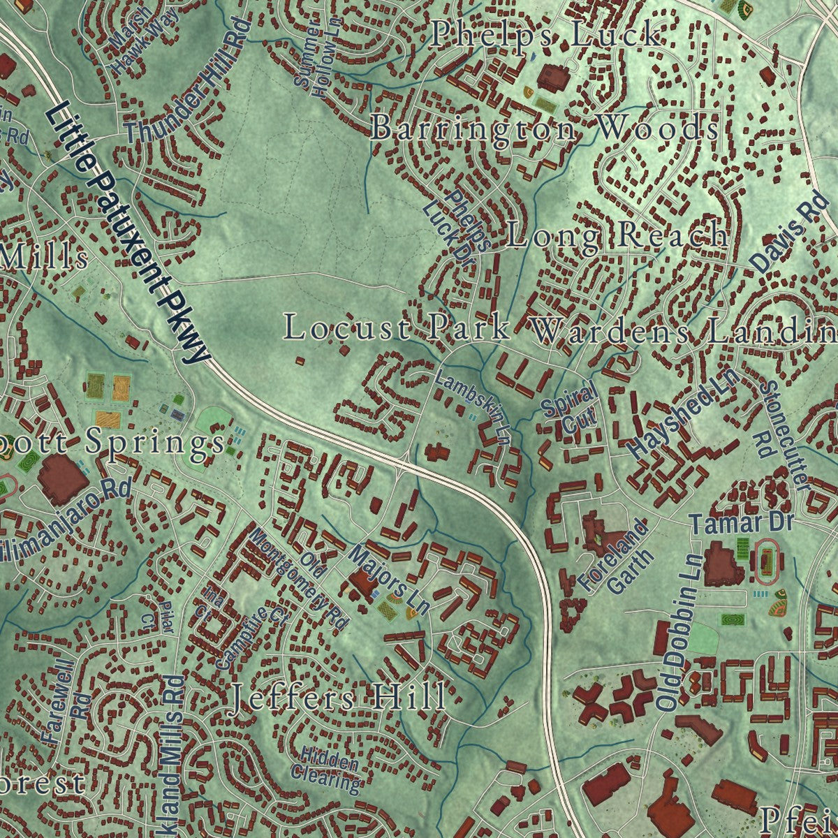 Close-up of the map of Columbia, Maryland print showing street and building detail