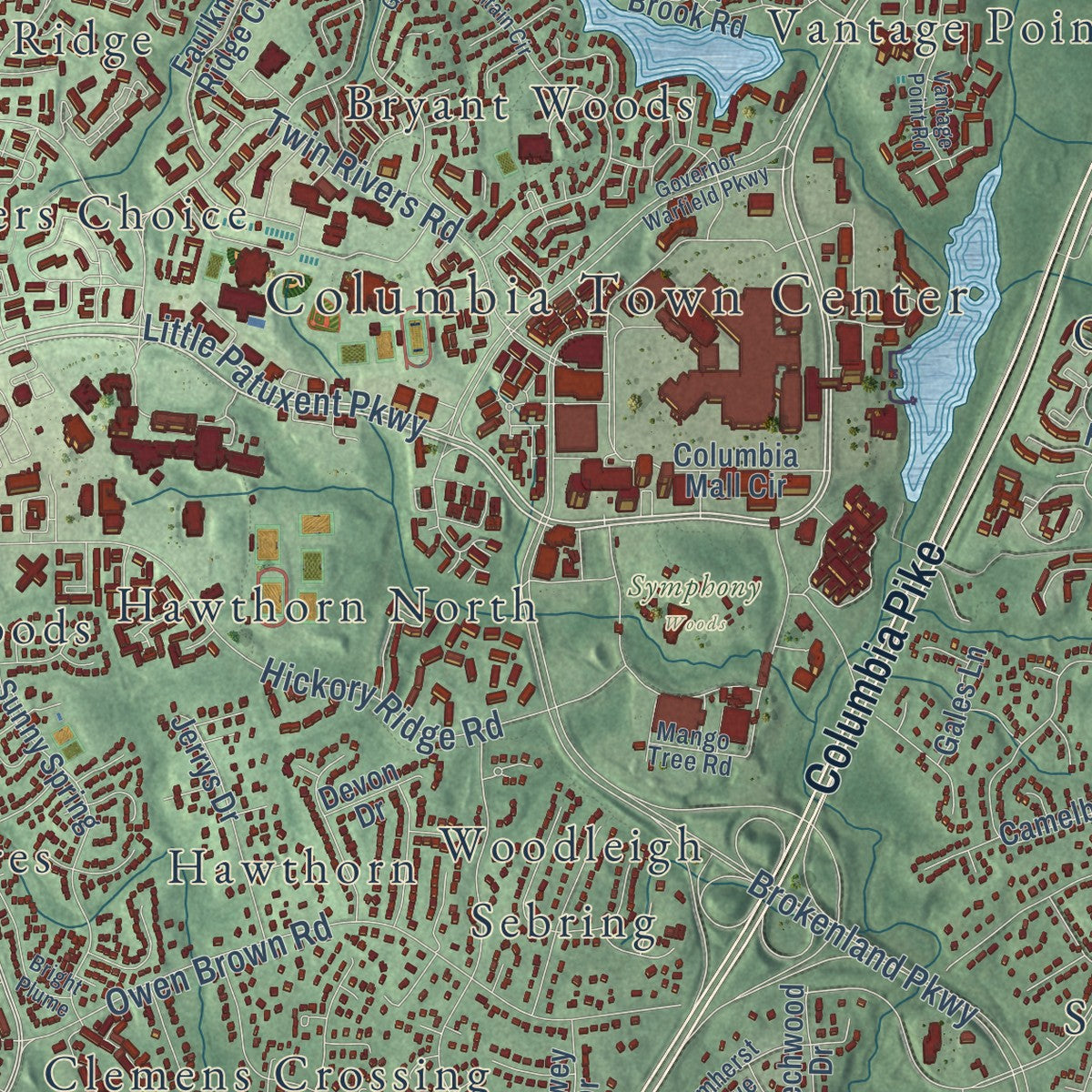 Second close-up of the map of Columbia, Maryland print showing more streets and buildings