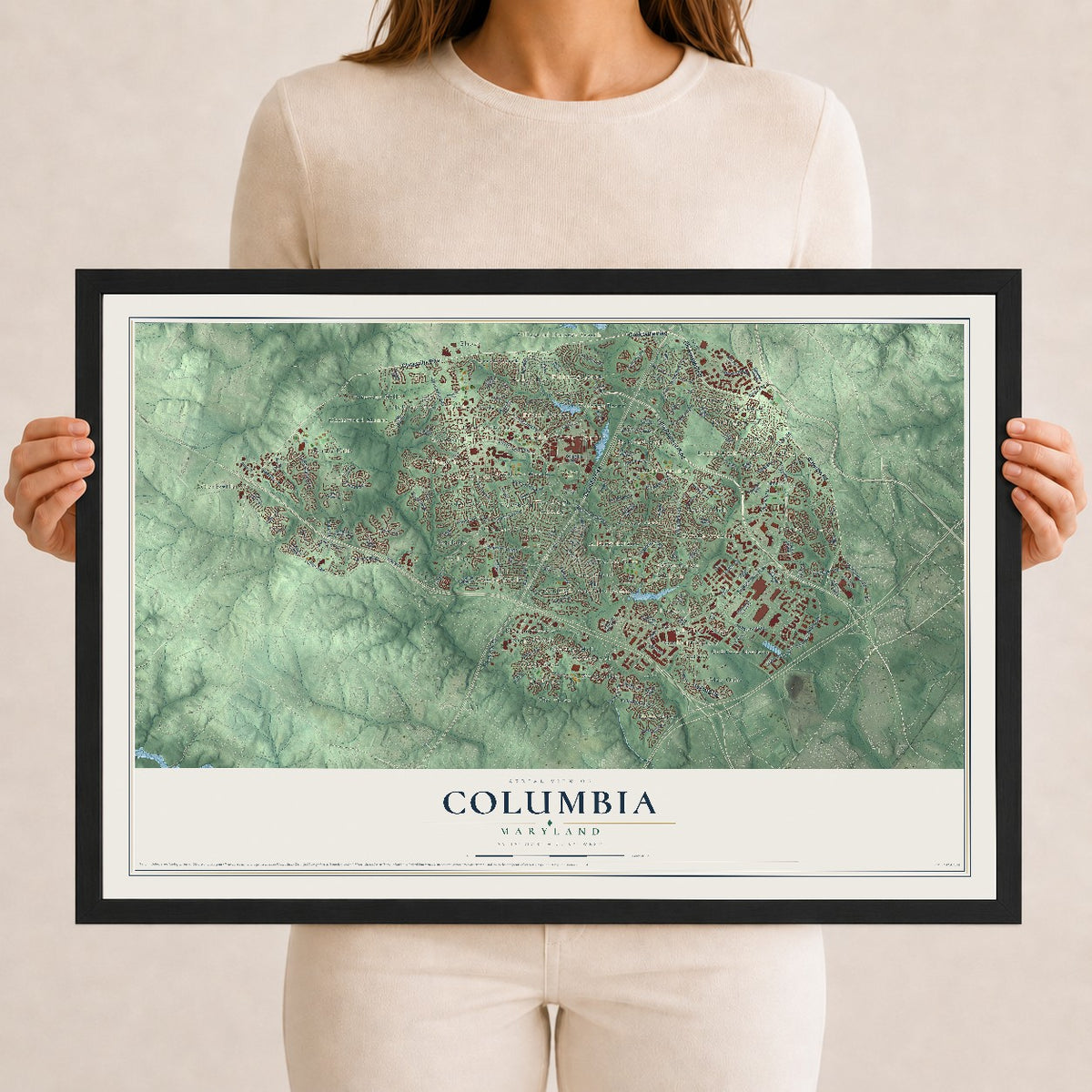 Map of Columbia, Maryland, 12 x 18 inch print in a black wood frame