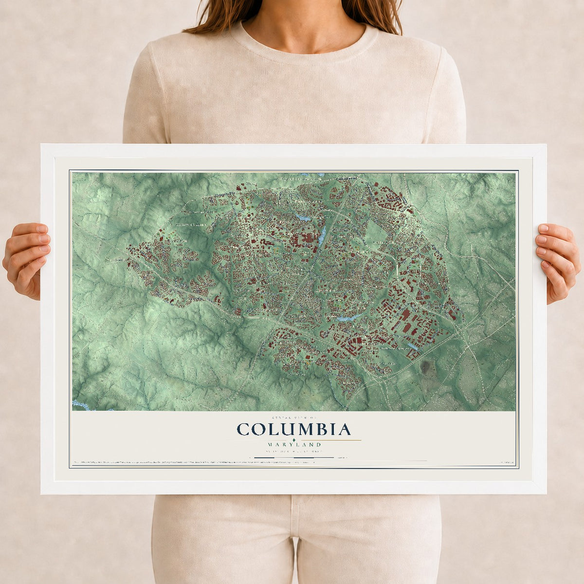 Map of Columbia, Maryland, 12 x 18 inch print in a white wood frame