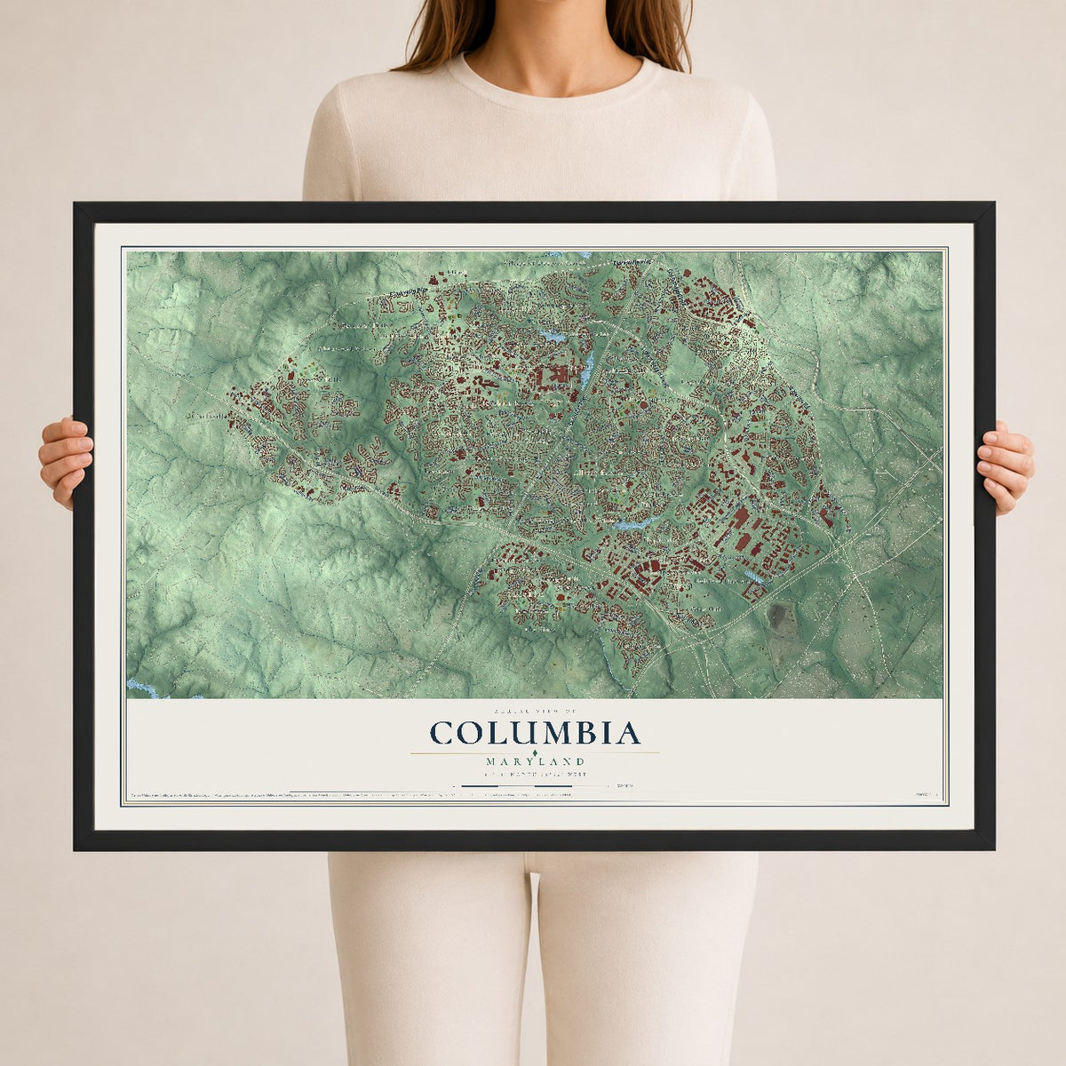 Map of Columbia, Maryland, 24 x 36 inch print in a black wood frame