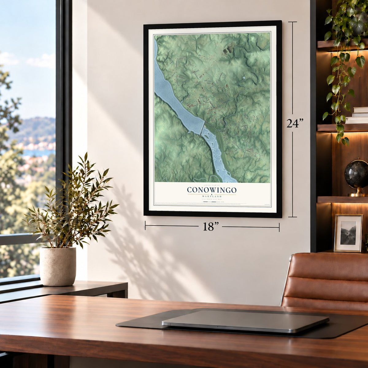 Conowingo, Maryland map, 18 x 24 inch print in a black frame in a home office