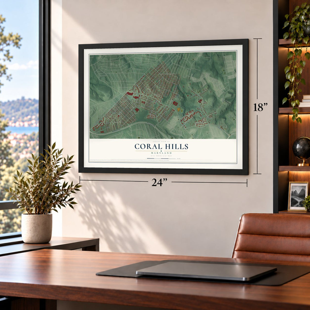 Coral Hills, Maryland map, 18 x 24 inch print in a black frame in a home office