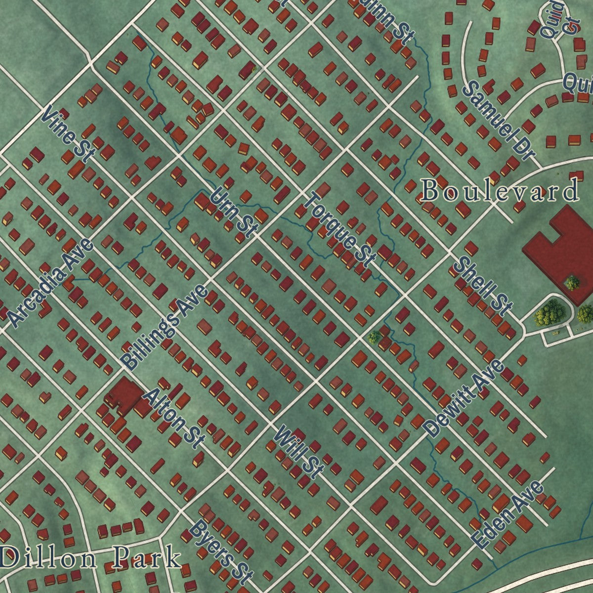 Close-up of the map of Coral Hills, Maryland print showing street and building detail