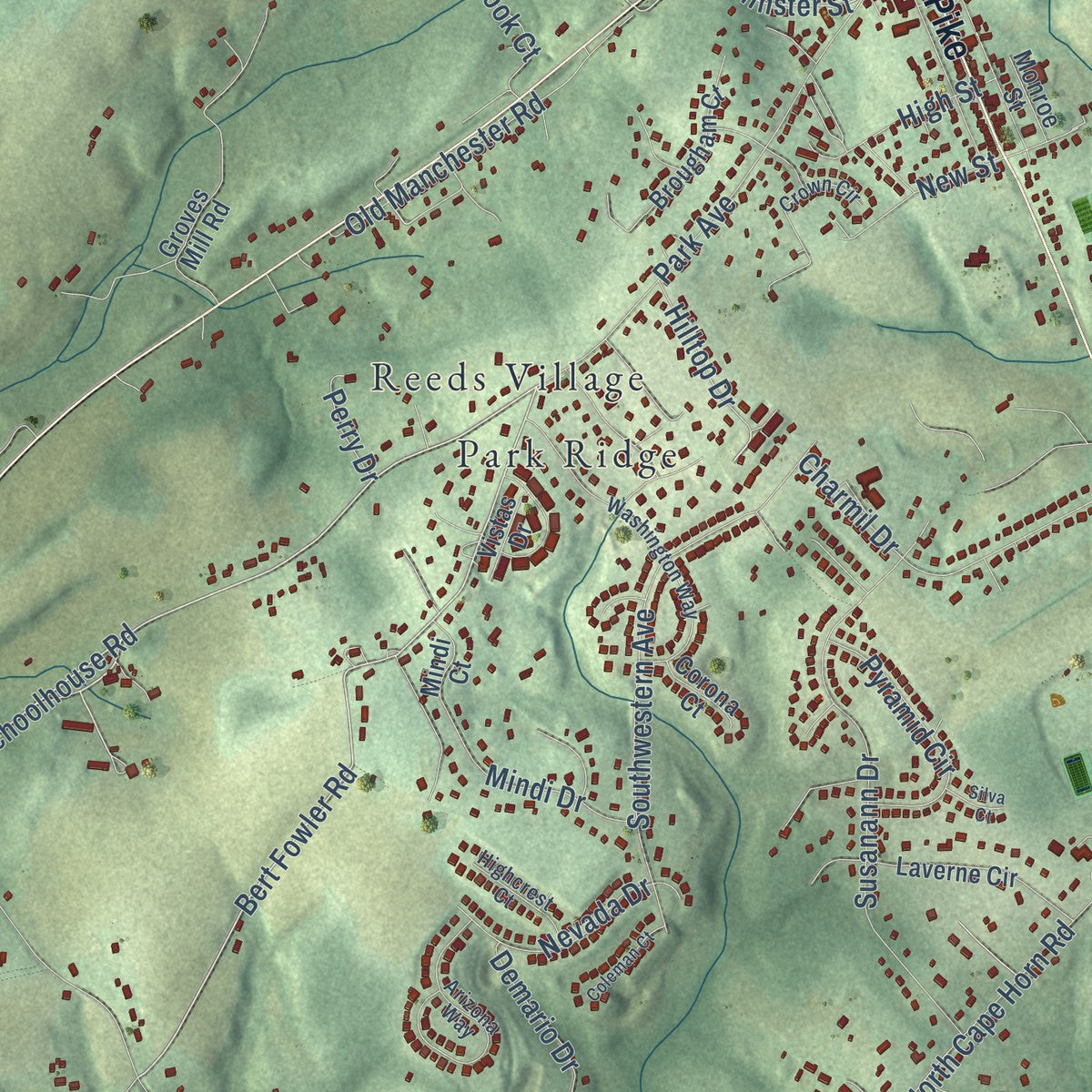 Close-up of the map of Cranberry, Maryland print showing street and building detail