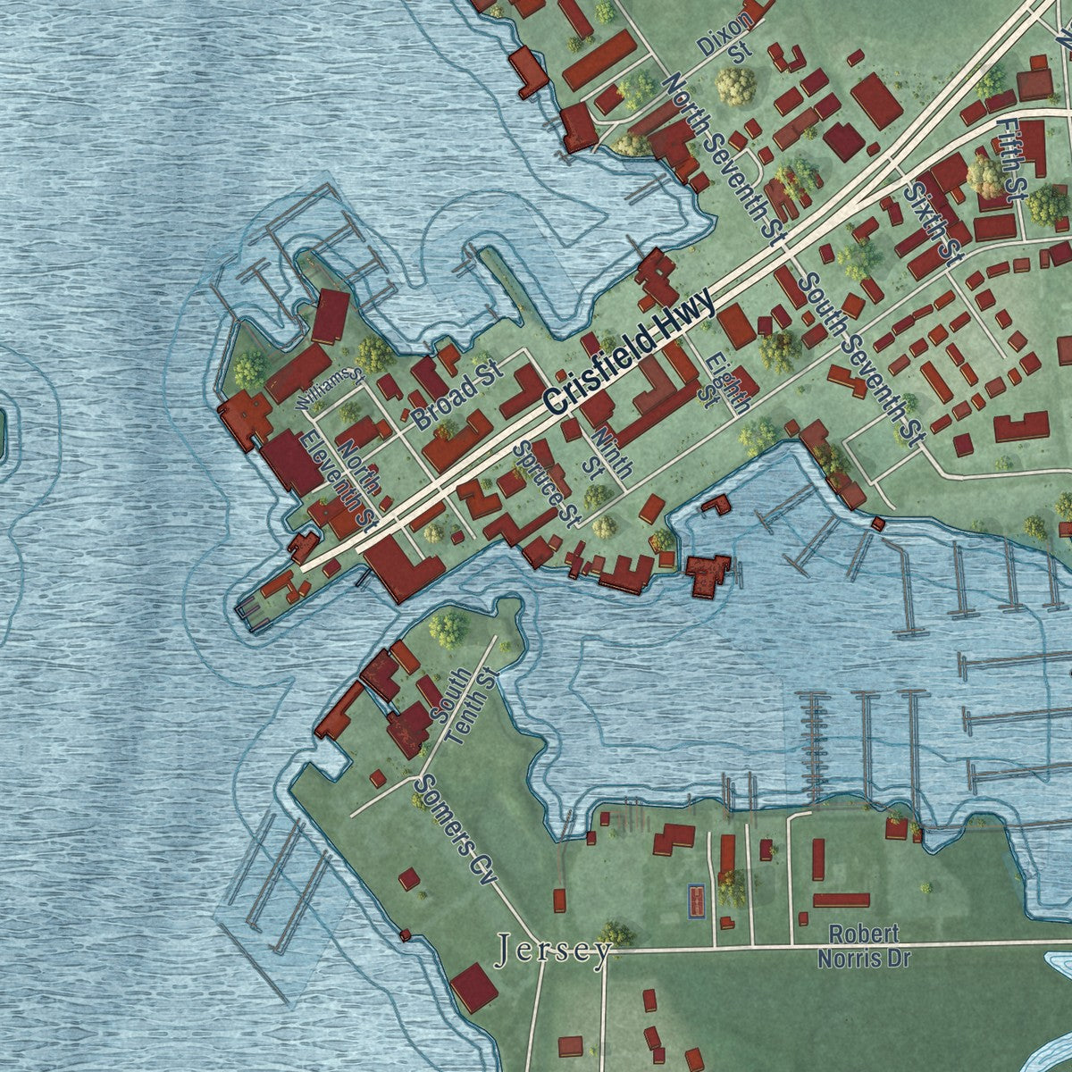 Close-up of the map of Crisfield, Maryland print showing street and building detail