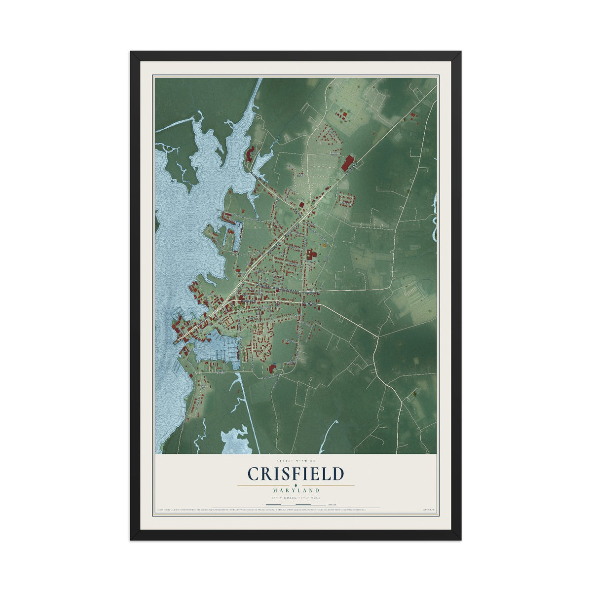 Map of Crisfield, Maryland, 12 x 18 inch print in a black wood frame