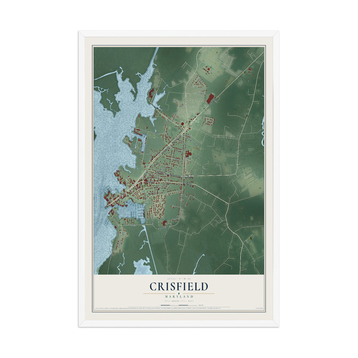 Map of Crisfield, Maryland, 12 x 18 inch print in a white wood frame