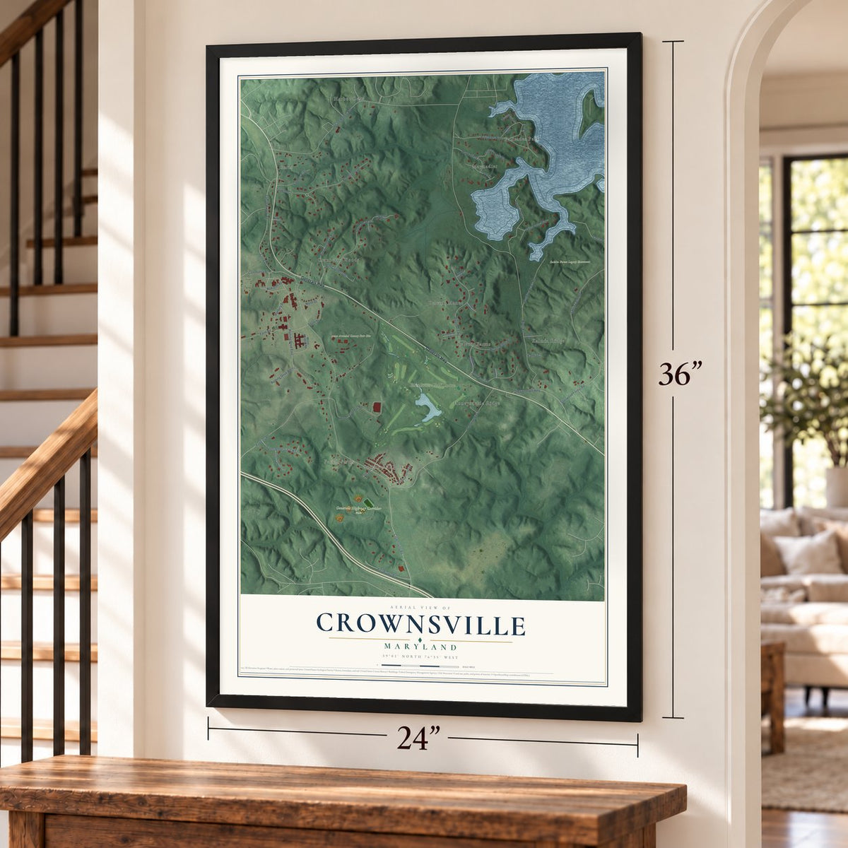 Crownsville, Maryland map, 24 x 36 inch print in a black frame by a staircase