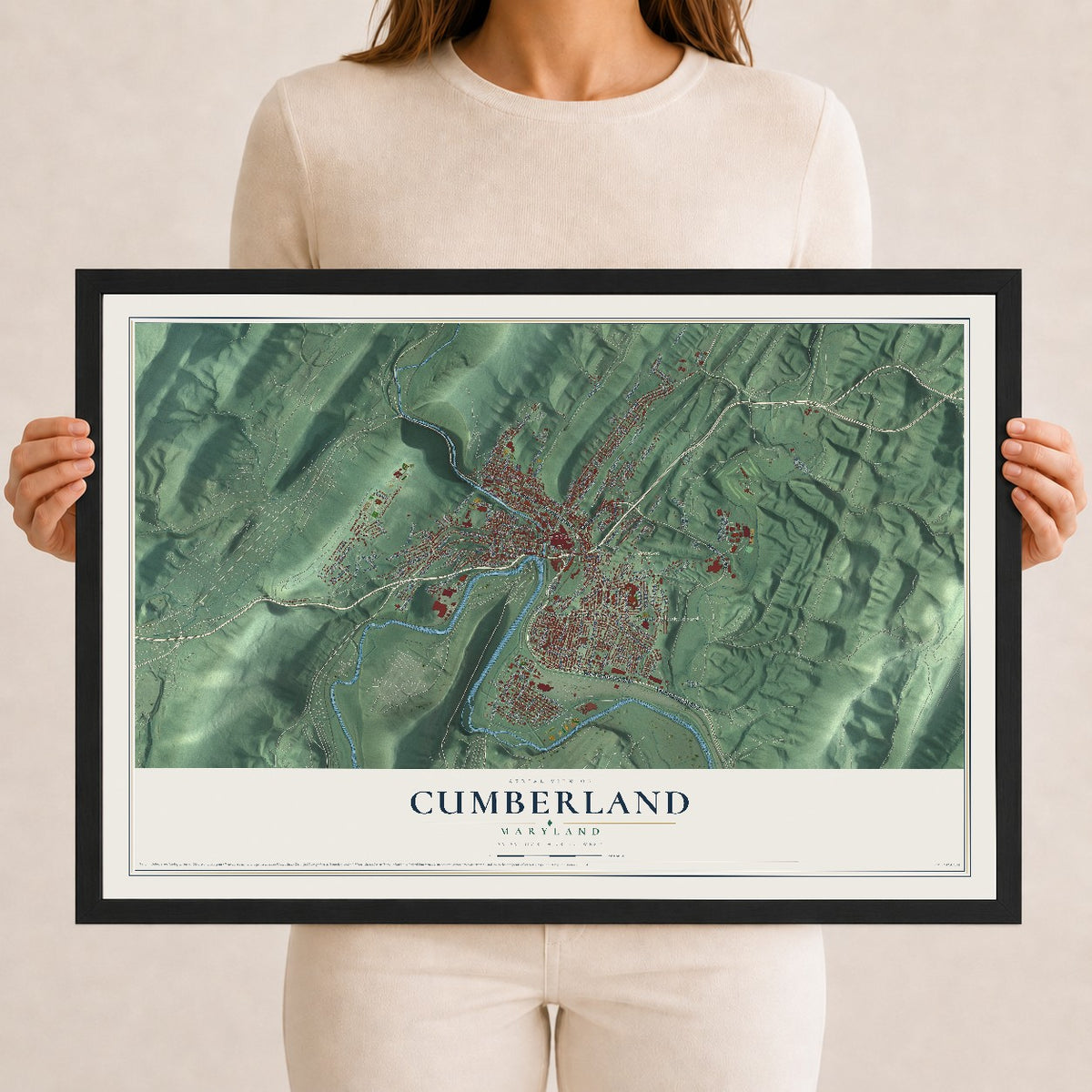 Map of Cumberland, Maryland, 12 x 18 inch print in a black wood frame