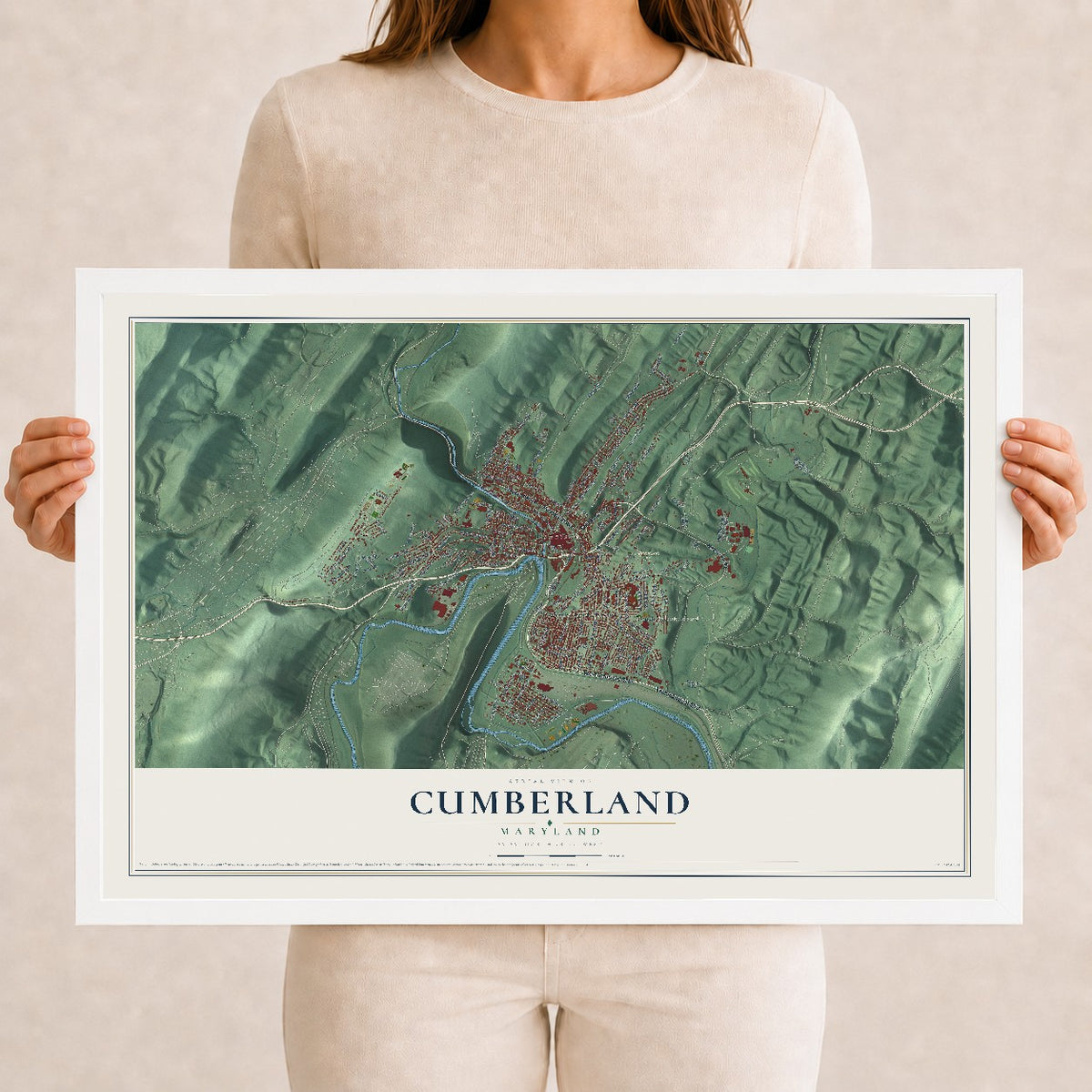 Map of Cumberland, Maryland, 12 x 18 inch print in a white wood frame