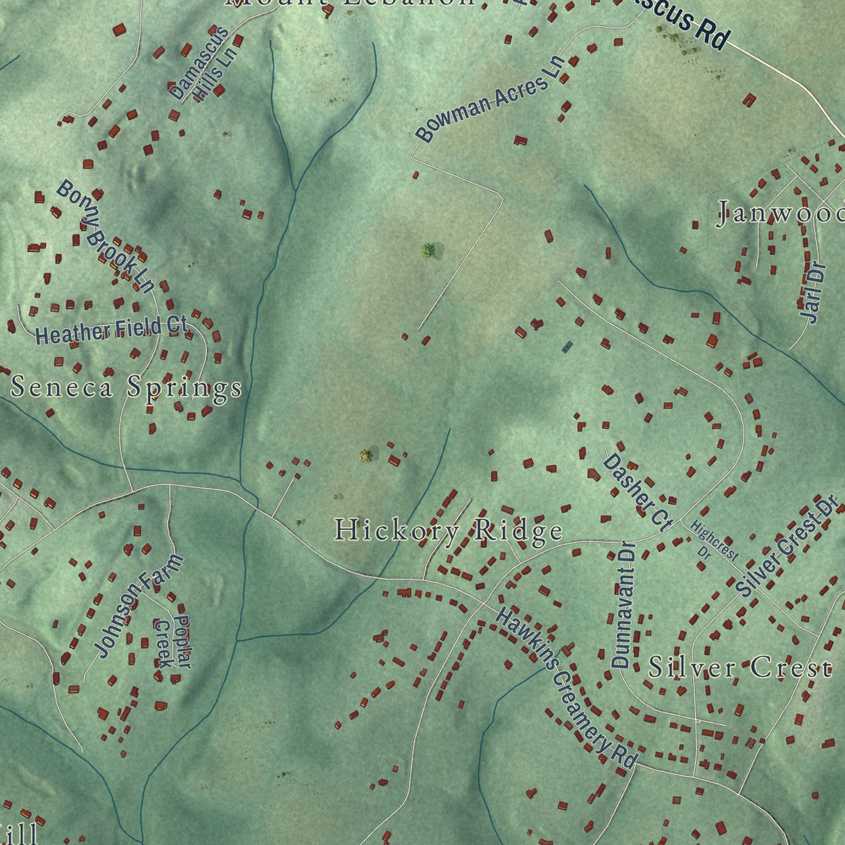 Second close-up of the map of Damascus, Maryland print showing more streets and buildings