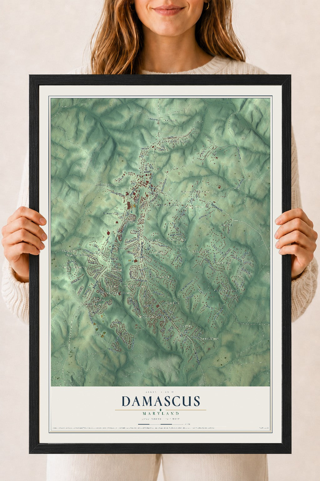 Map of Damascus, Maryland, 18 x 24 inch print in a black wood frame