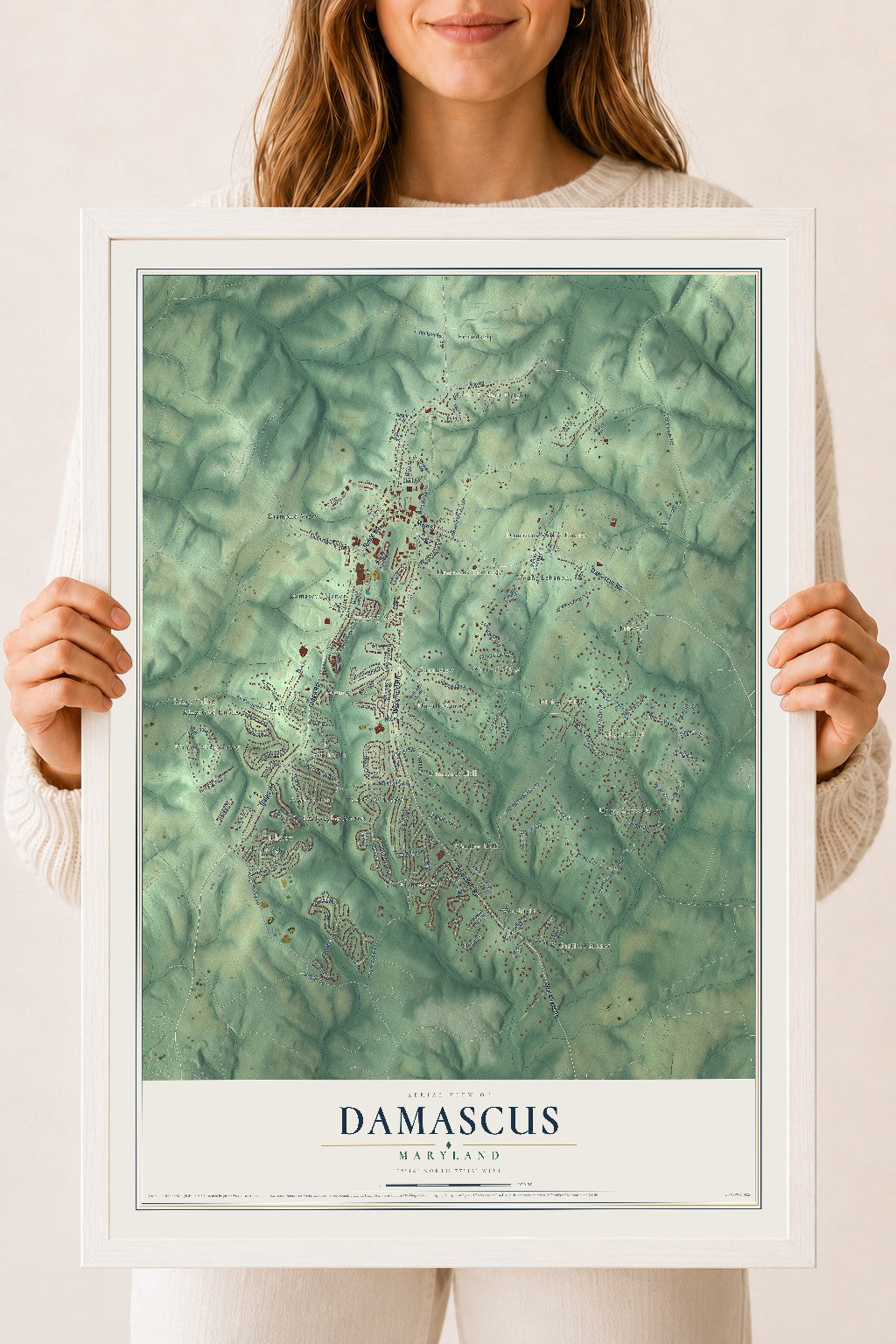 Map of Damascus, Maryland, 18 x 24 inch print in a white wood frame