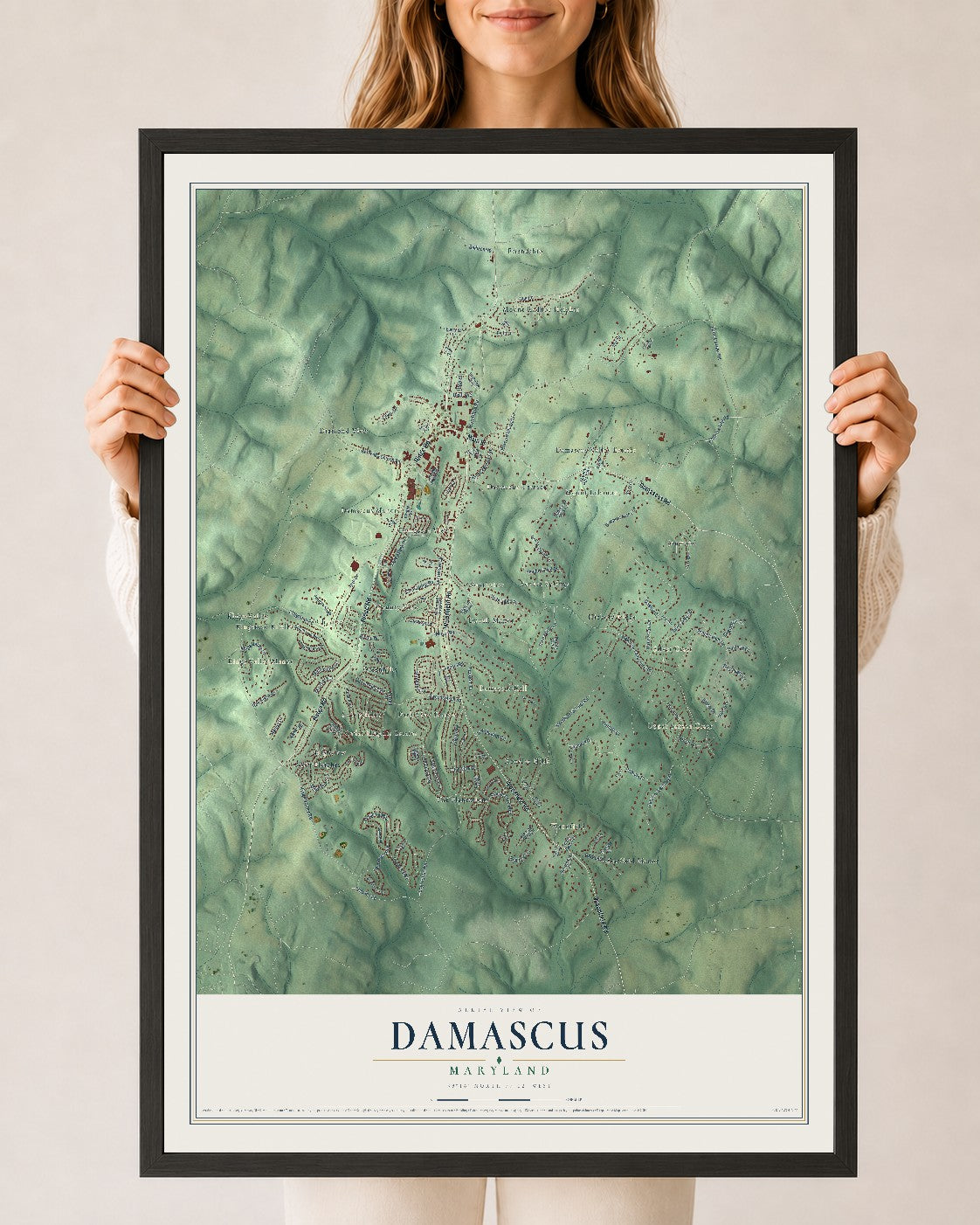 Map of Damascus, Maryland, 24 x 36 inch print in a black wood frame
