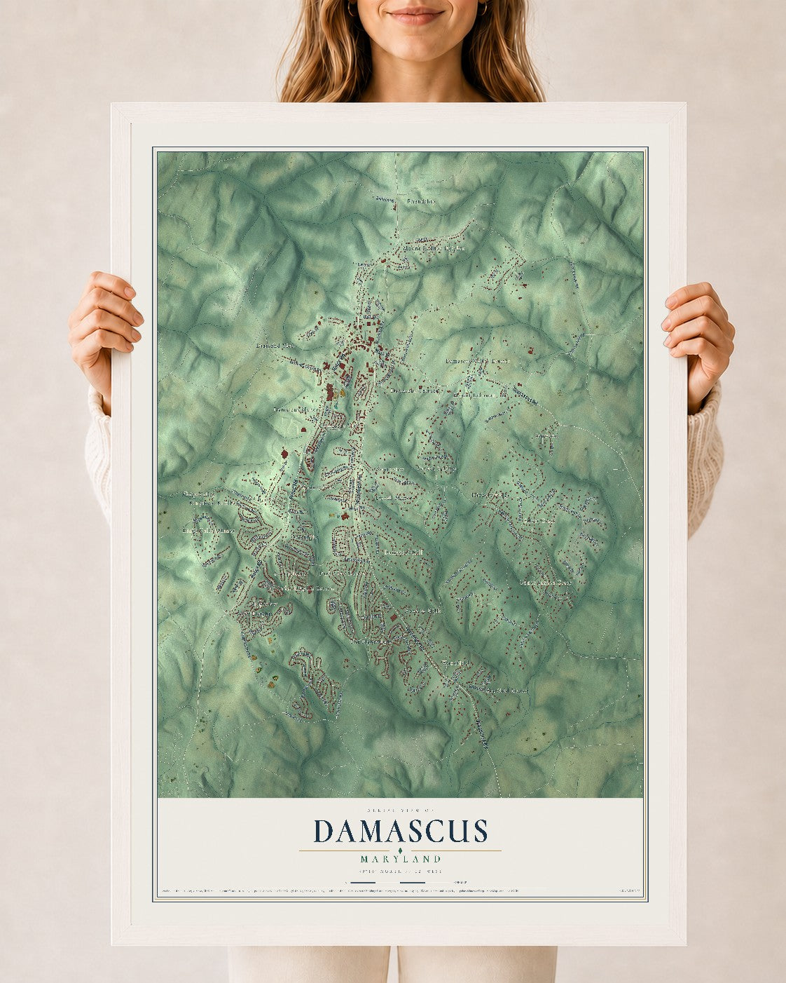 Map of Damascus, Maryland, 24 x 36 inch print in a white wood frame