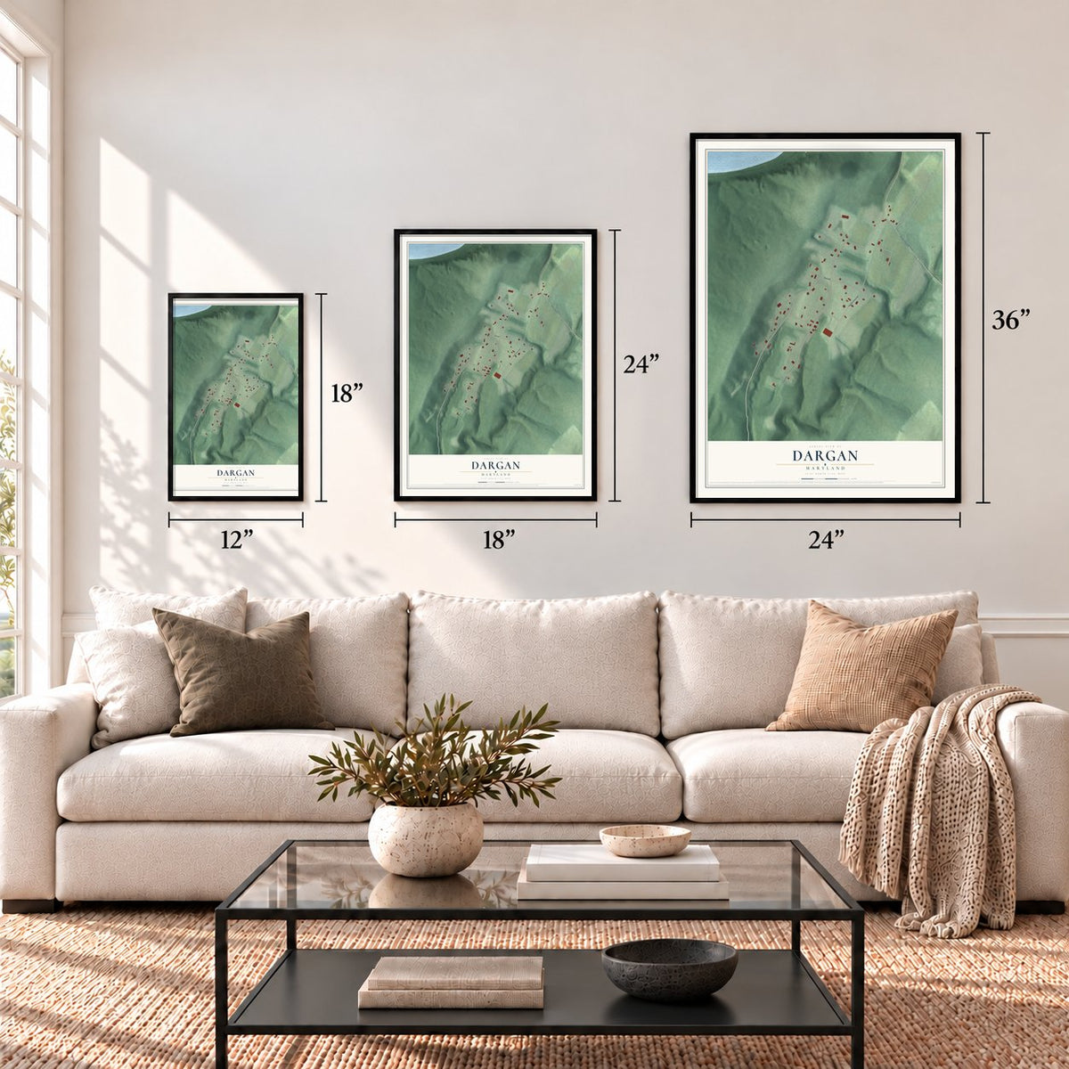 Dargan, Maryland map in 12 x 18, 18 x 24 and 24 x 36 inch sizes above a sofa