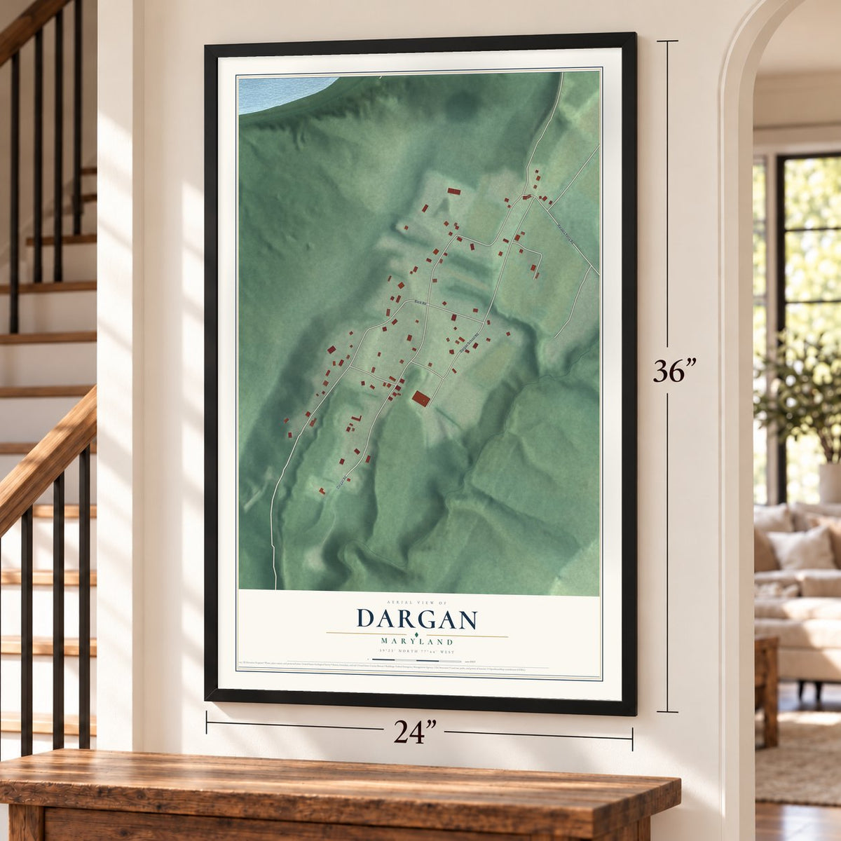 Dargan, Maryland map, 24 x 36 inch print in a black frame by a staircase