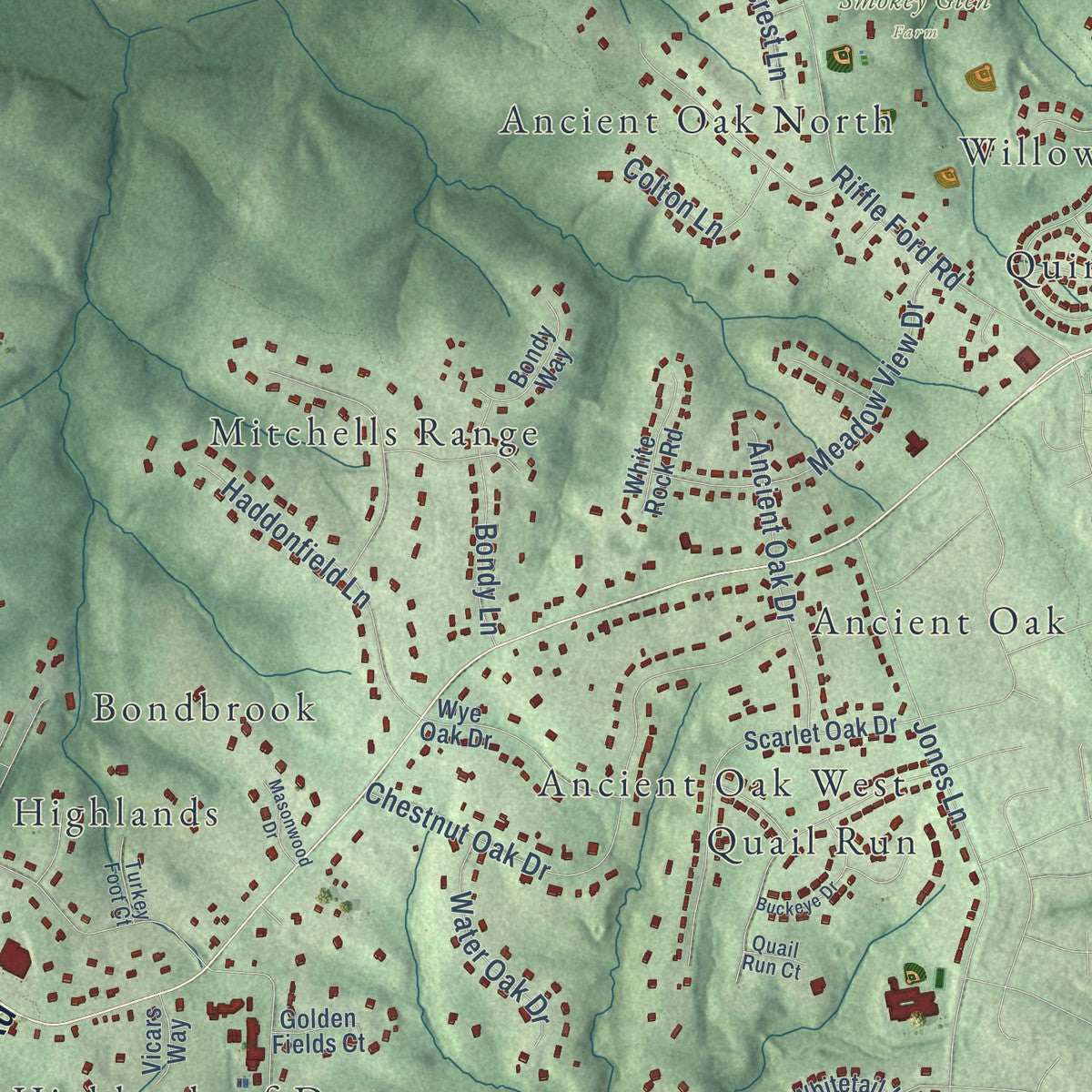 Close-up of the map of Darnestown, Maryland print showing street and building detail