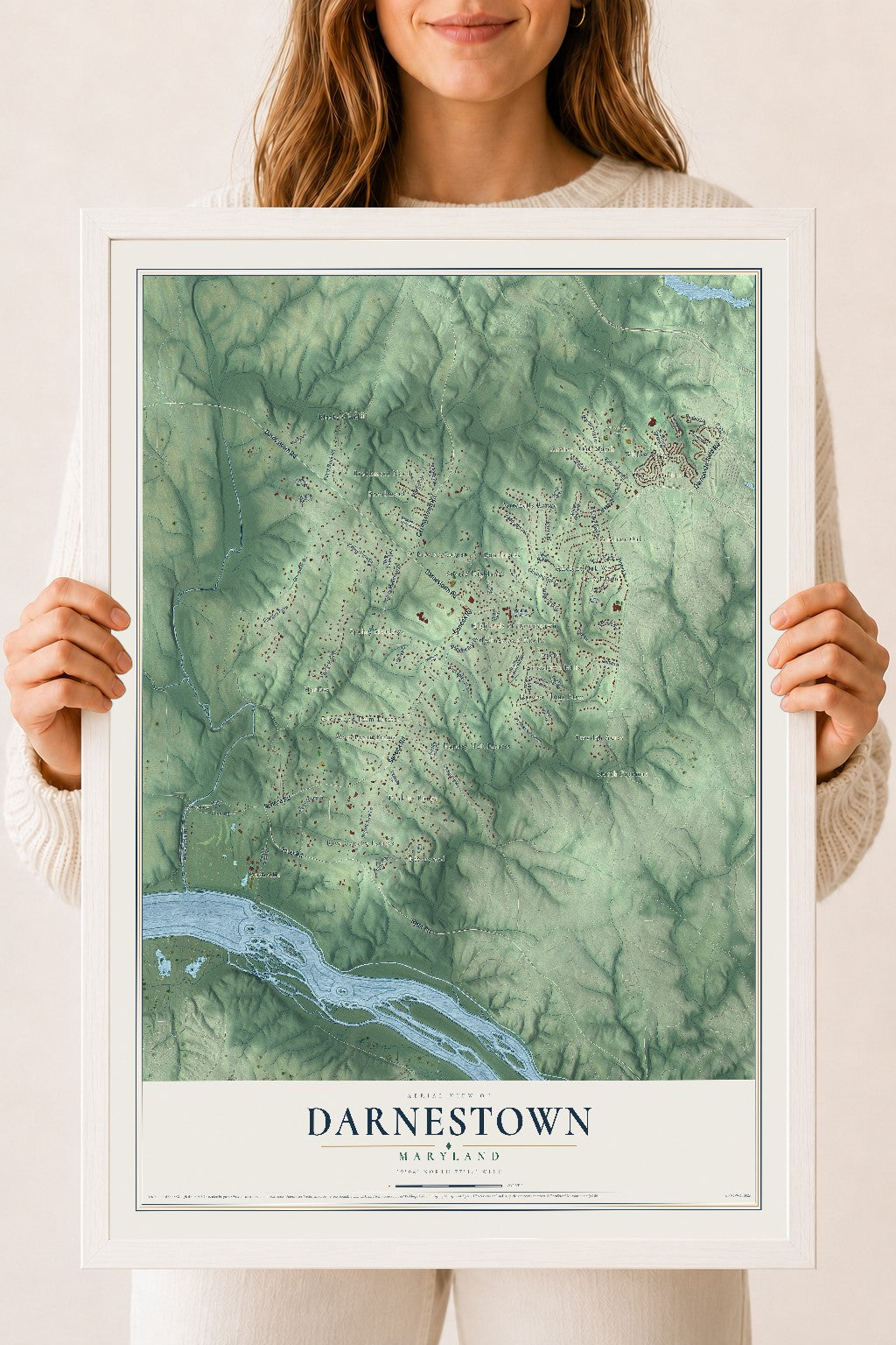 Map of Darnestown, Maryland, 18 x 24 inch print in a white wood frame