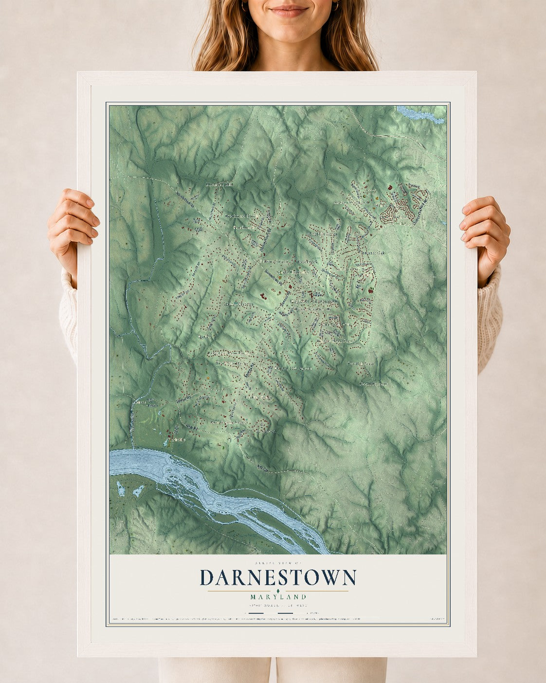 Map of Darnestown, Maryland, 24 x 36 inch print in a white wood frame