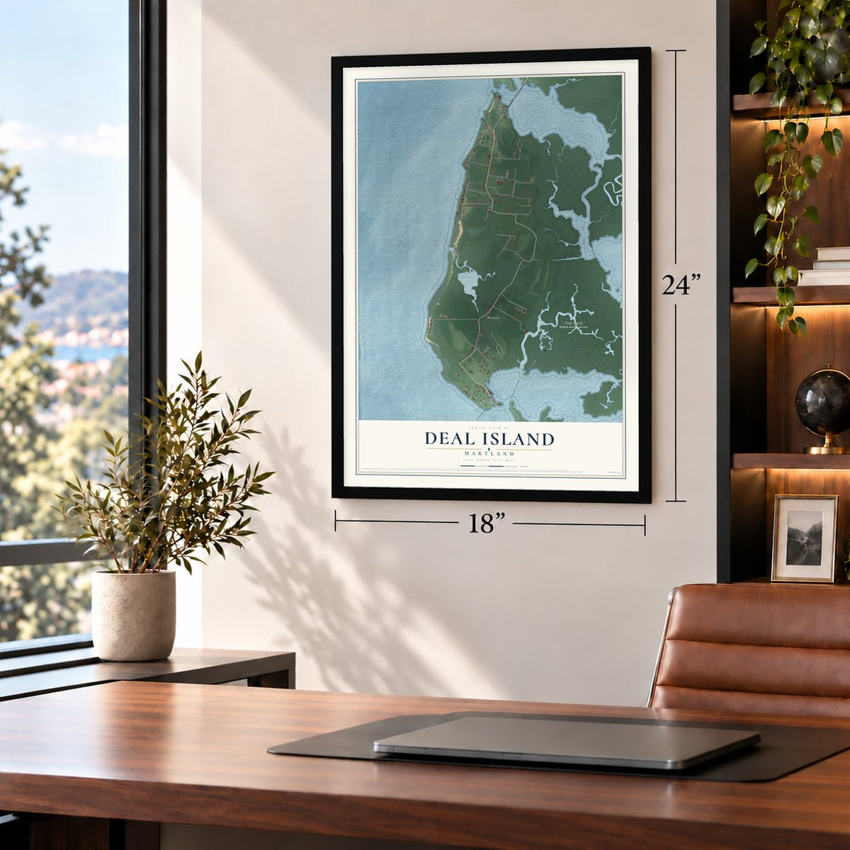 Deal Island, Maryland map, 18 x 24 inch print in a black frame in a home office