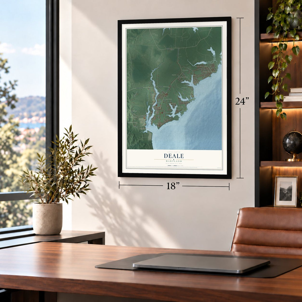 Deale, Maryland map, 18 x 24 inch print in a black frame in a home office